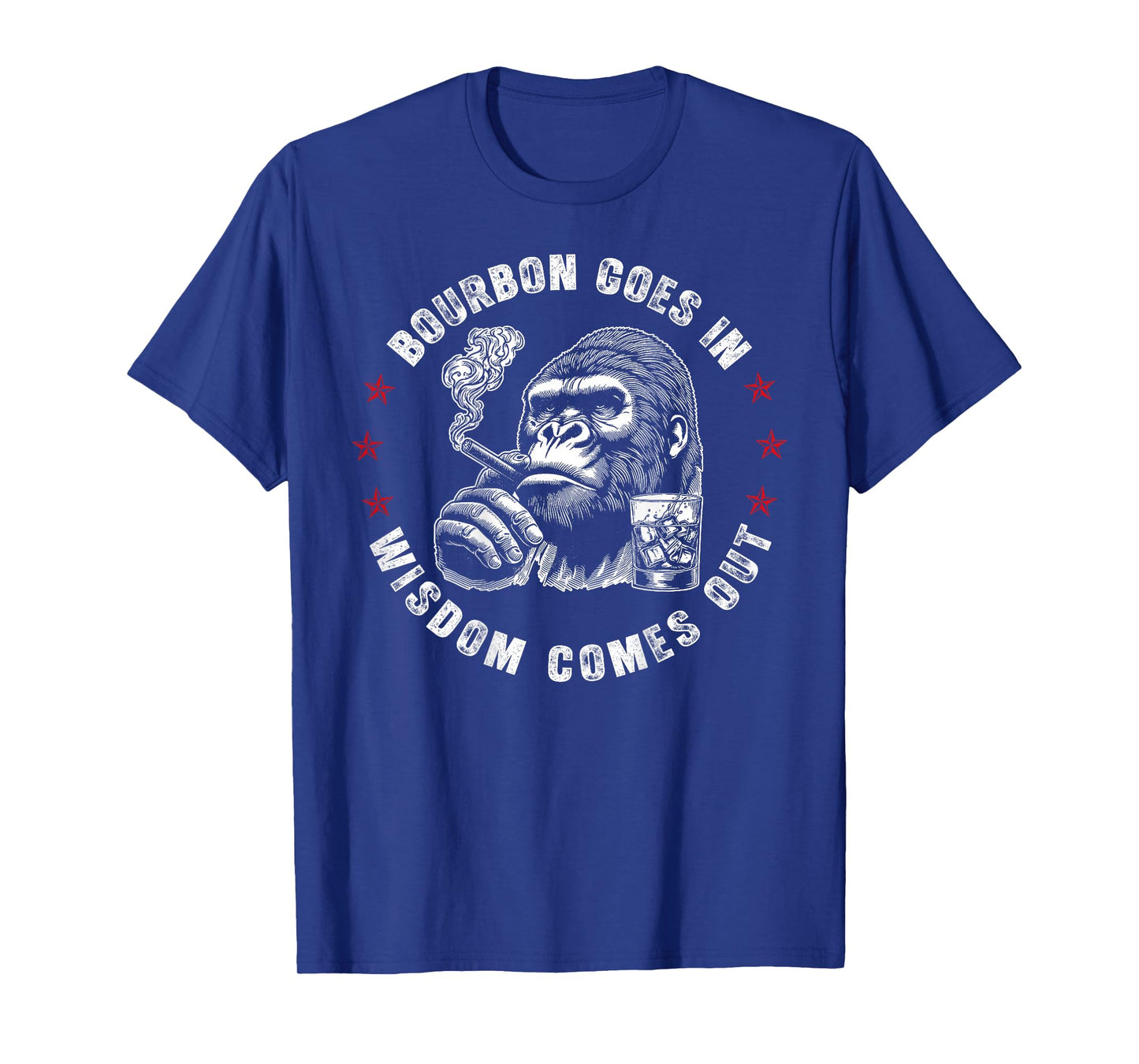 Bourbon Goes in Wisdom Comes Out Monkey Whiskey (ON Back) T-Shirt