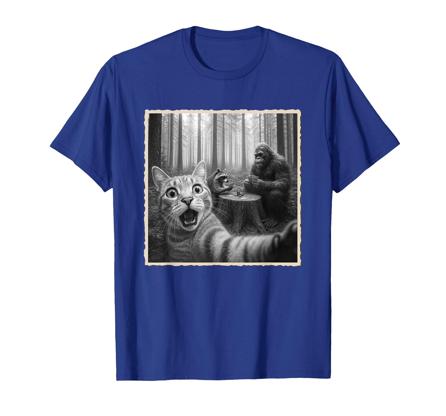 Cat Selfie With Bigfoot & Raccoon | Funny Scared Cat T-Shirt