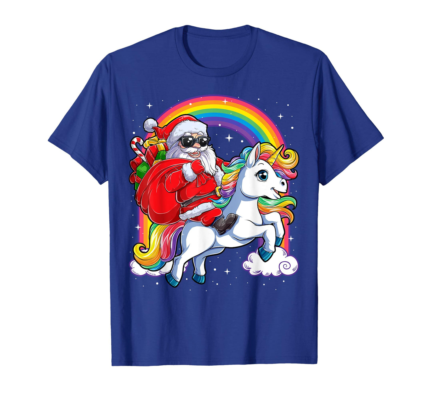 Christmas Santa Riding Unicorn Xmas Girls Women Rainbow Short Sleeve T-Shirt