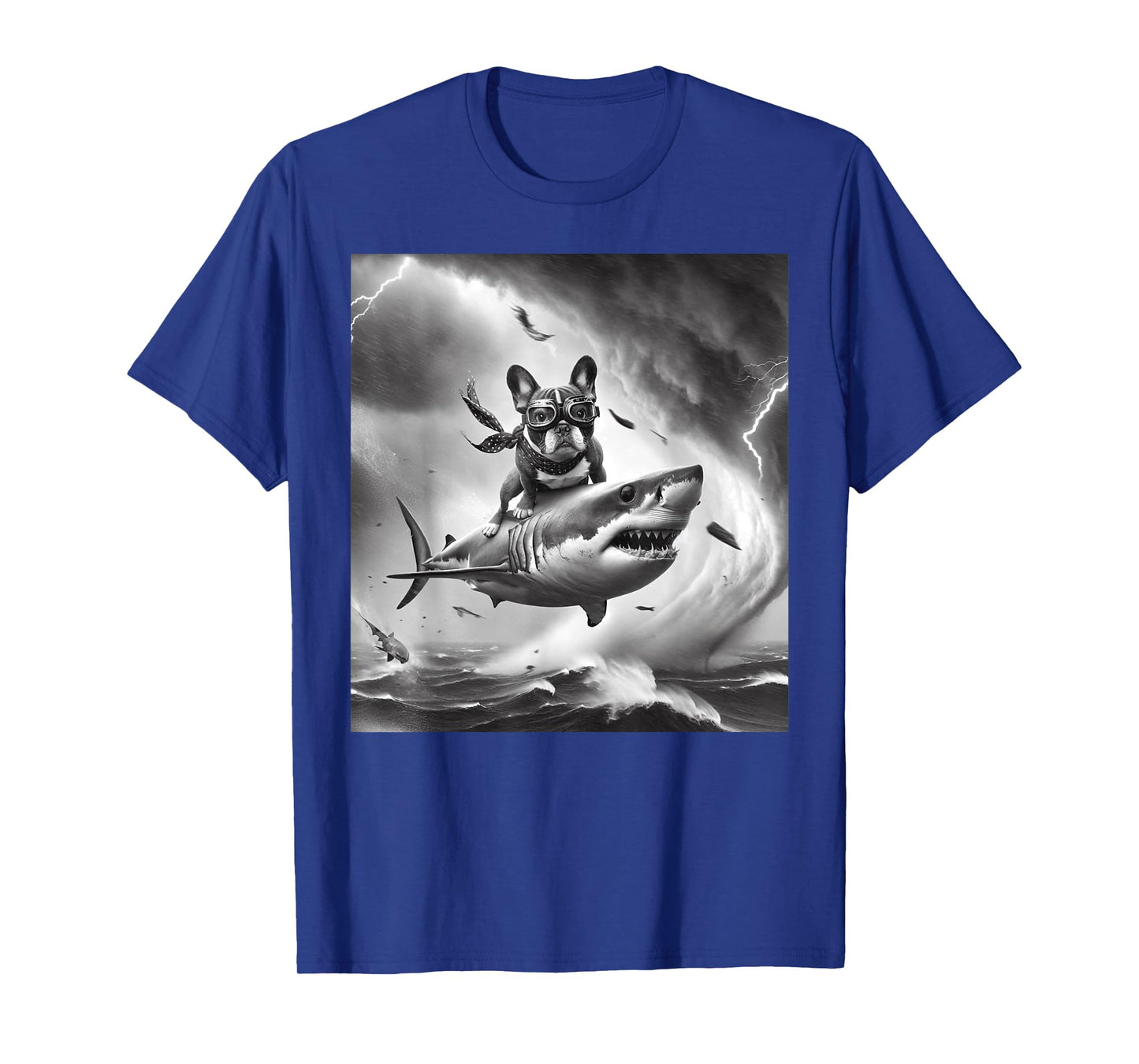 Funny Dog French Bulldog Riding a Shark in Tornado Meme T-Shirt