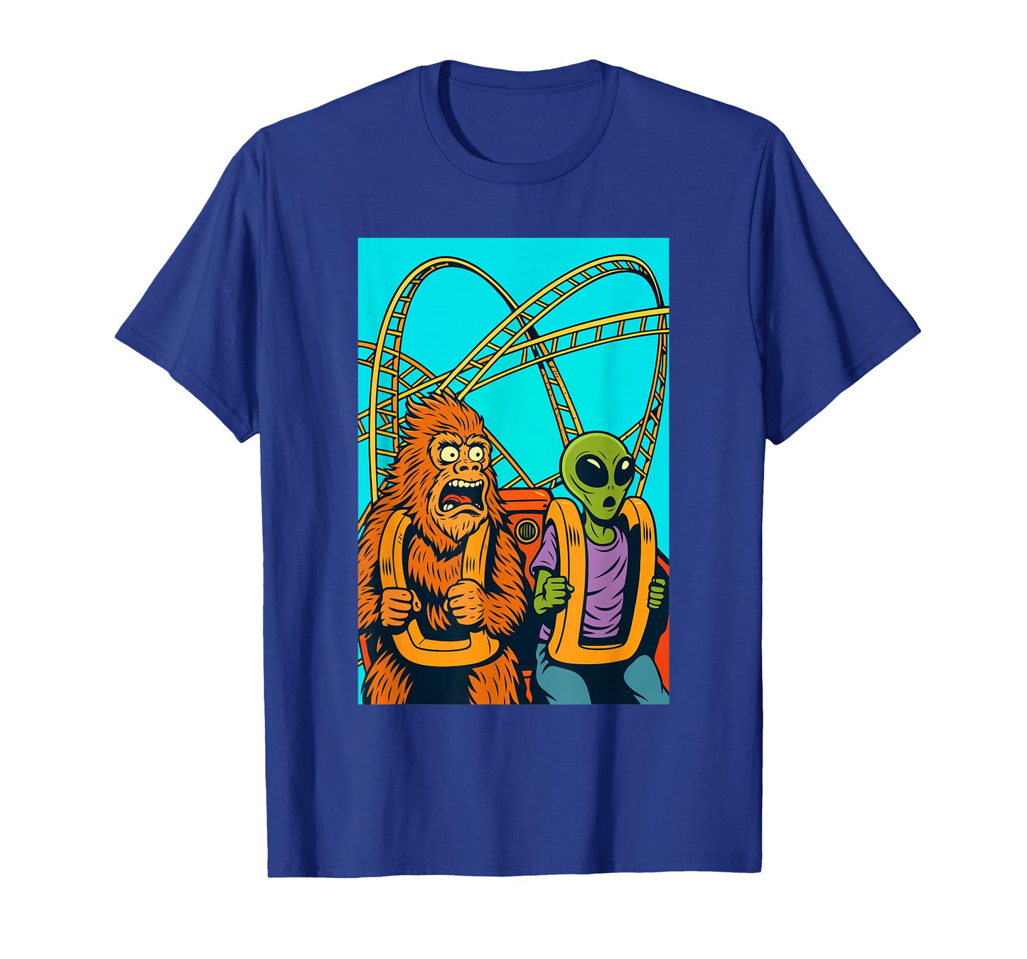 Bigfoot and Alien Riding Roller Coaster Amusement Theme Park T-Shirt