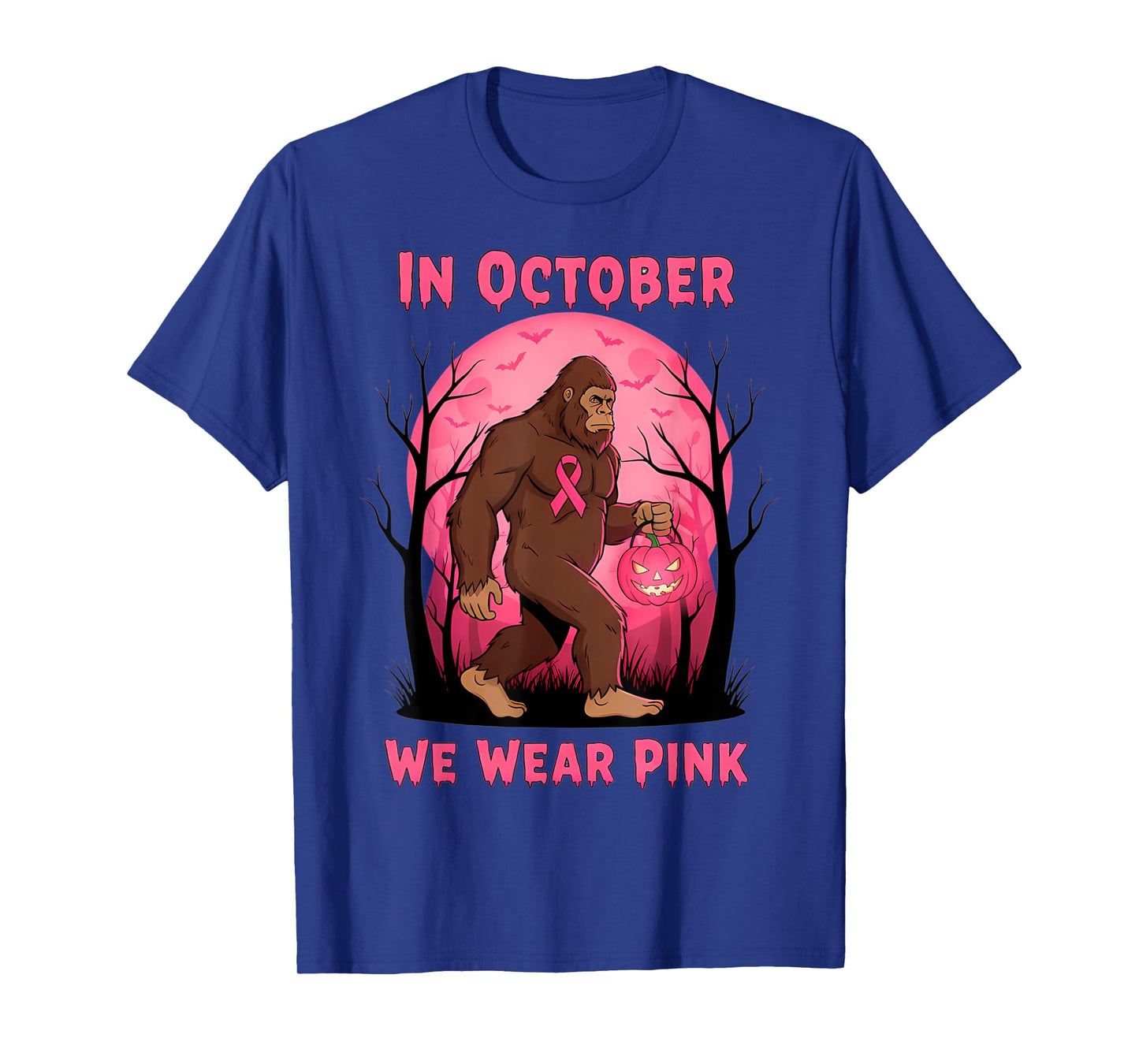 in October We Wear Pink Bigfoot Halloween Breast Cancer T-Shirt