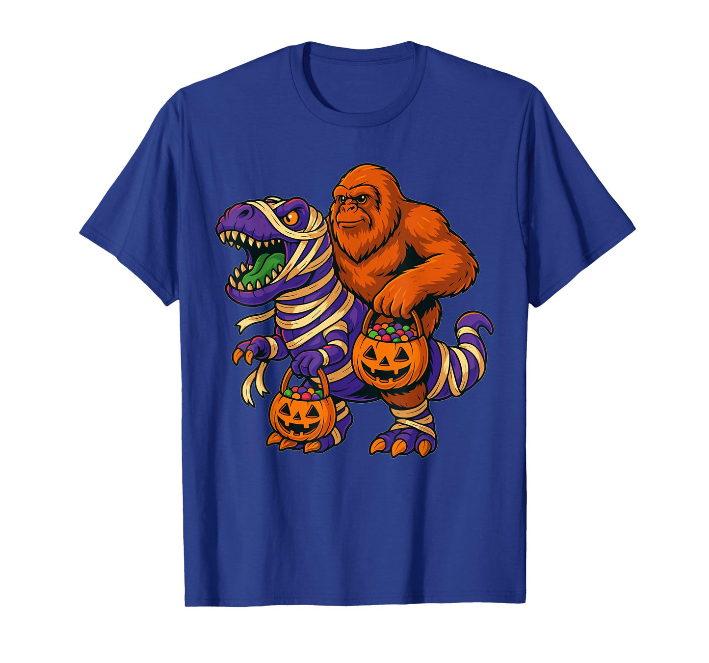 Bigfoot Riding Mummy Dinosaur T rex Halloween Funny Pumpkin T-Shirt
