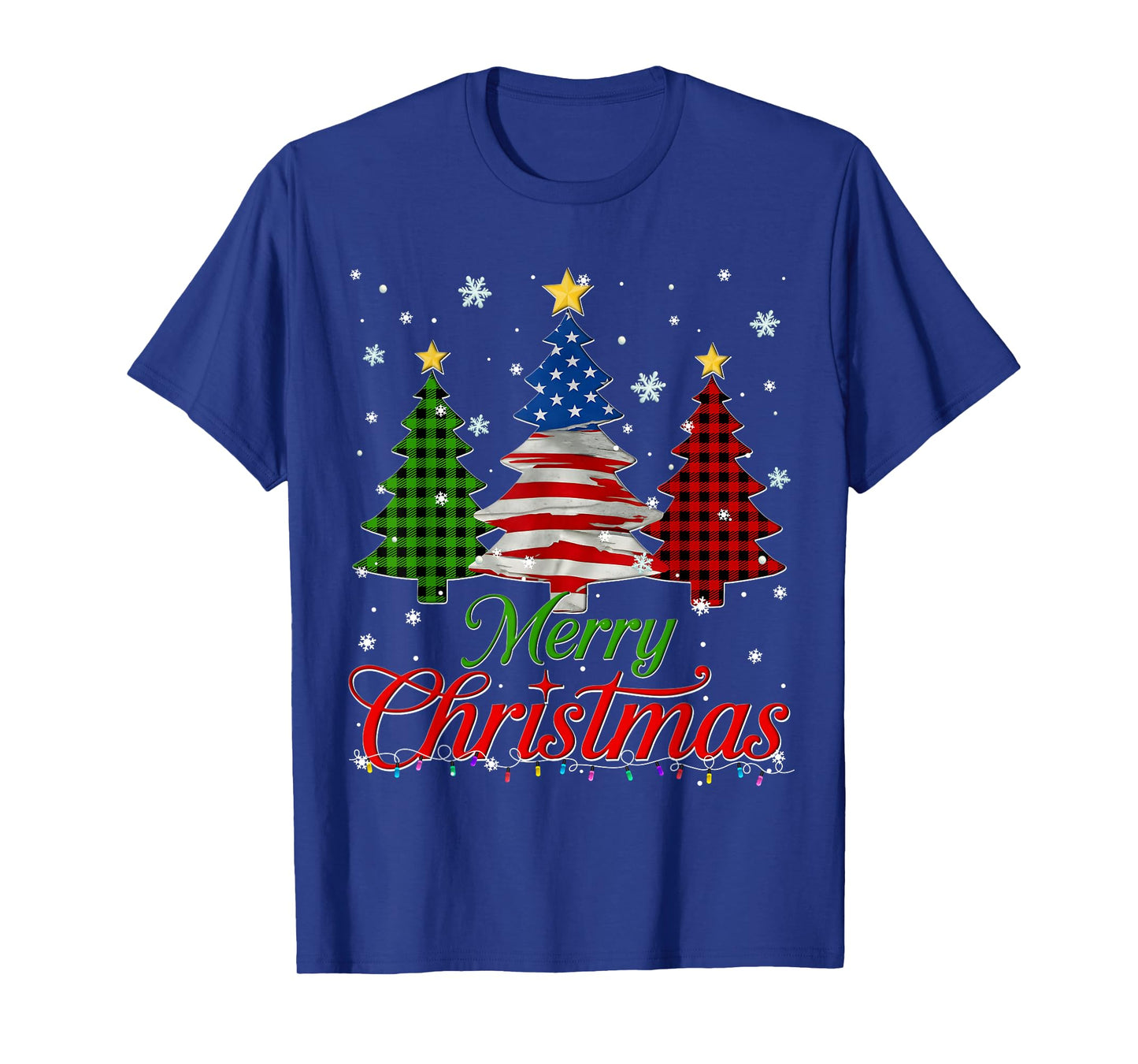 Merry Christmas Tree Plaid US Flag Snowflake Xmas Men T-Shirt
