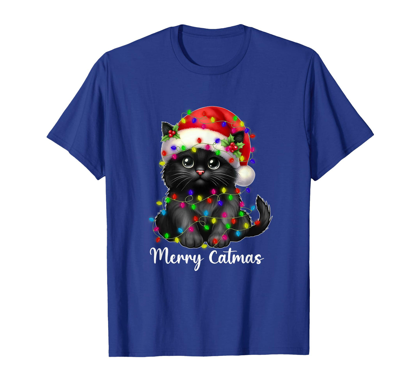Merry Catmas Black Cat Christmas Light Xmas Family Men Women T-Shirt