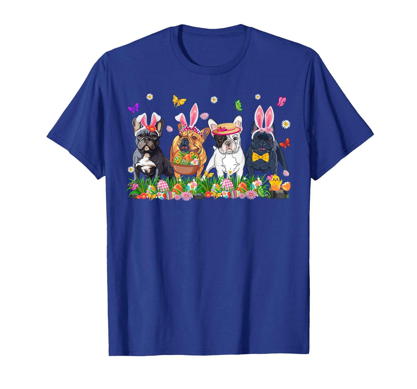 Cute Frenchie Dogs With Bunny Ears & Egg Basket Easter Day T-Shirt