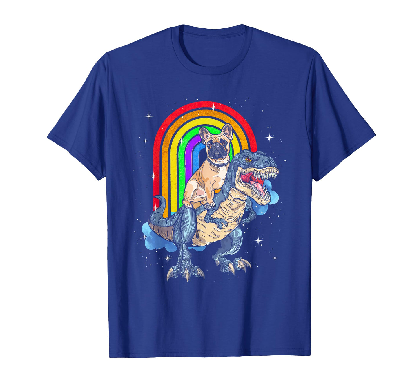French Bulldog Riding Dinosaur T rex Rainbow T-Shirt for Men Women Kids