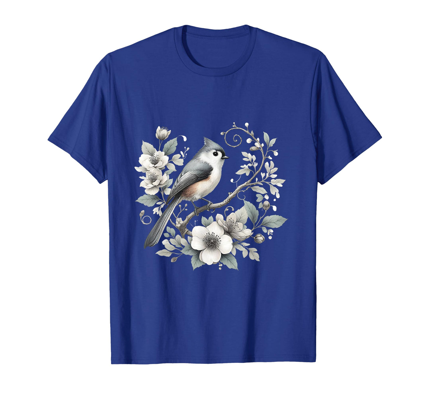 Charming Tufted Titmouse Bird with Floral Nature Design T-Shirt