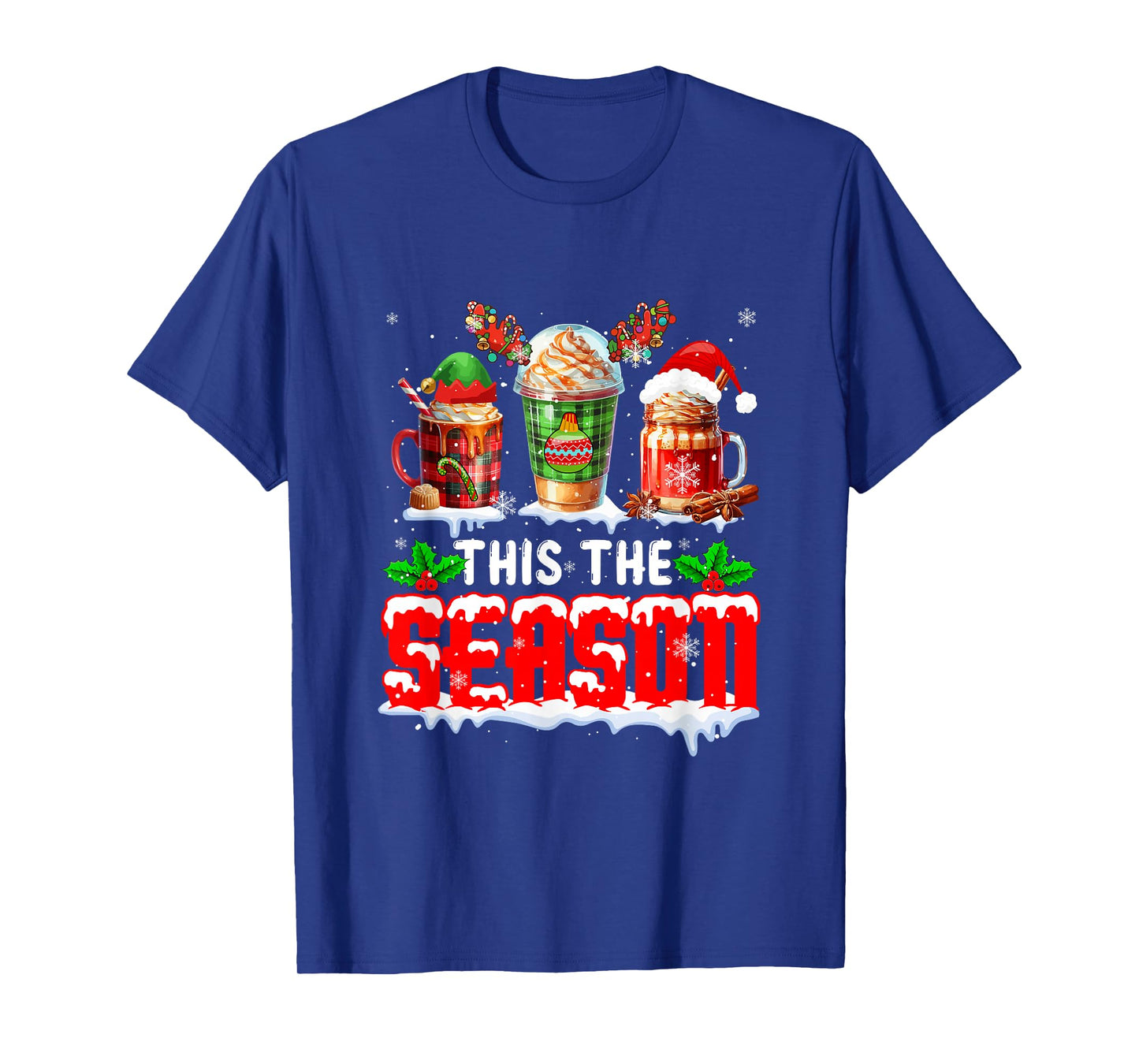 The Season Christmas Three Santa Reindeer Elf Coffee Cups T-Shirt