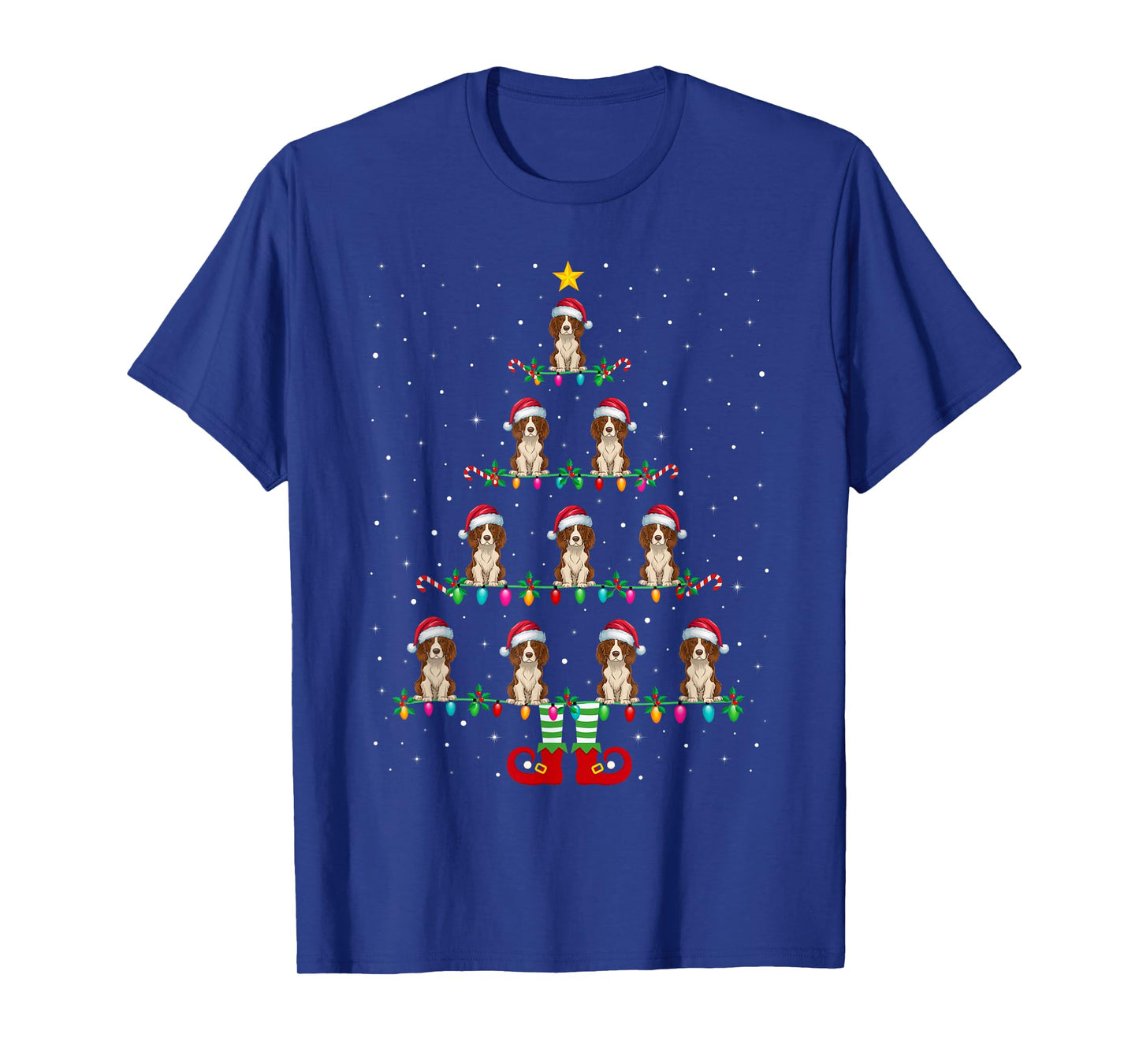 Christmas Tree Lights Santa Hat ELF Brittany Spaniel Dog Men Women Kids T-Shirt