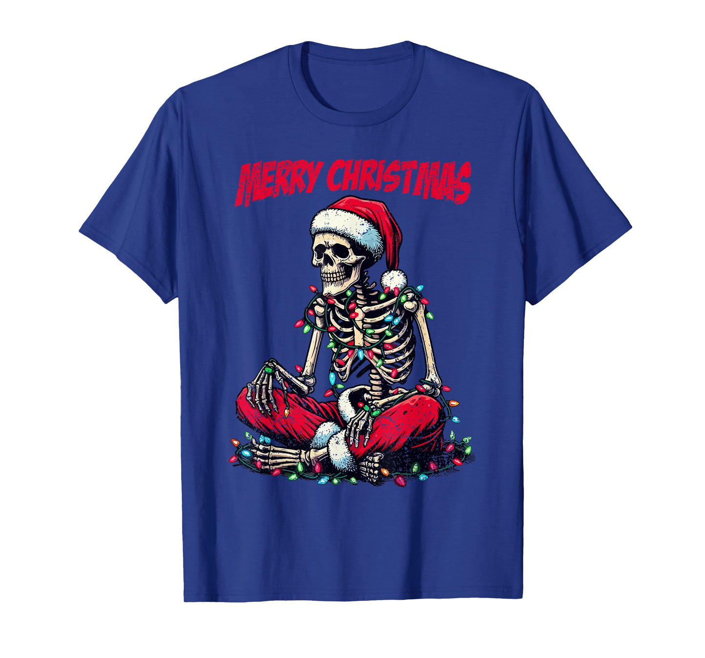 Skeleton Santa Hat Merry Christmas X-mas Lights Holiday T-Shirt
