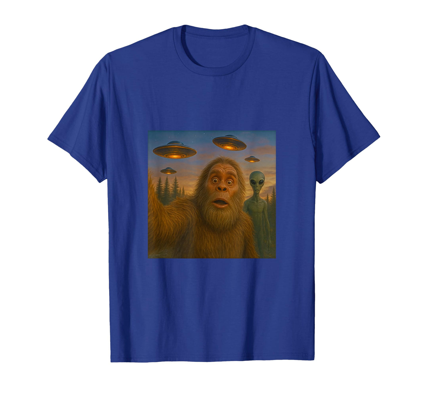 Bigfoot Alien Selfie at Dusk - with UFOs T-Shirt
