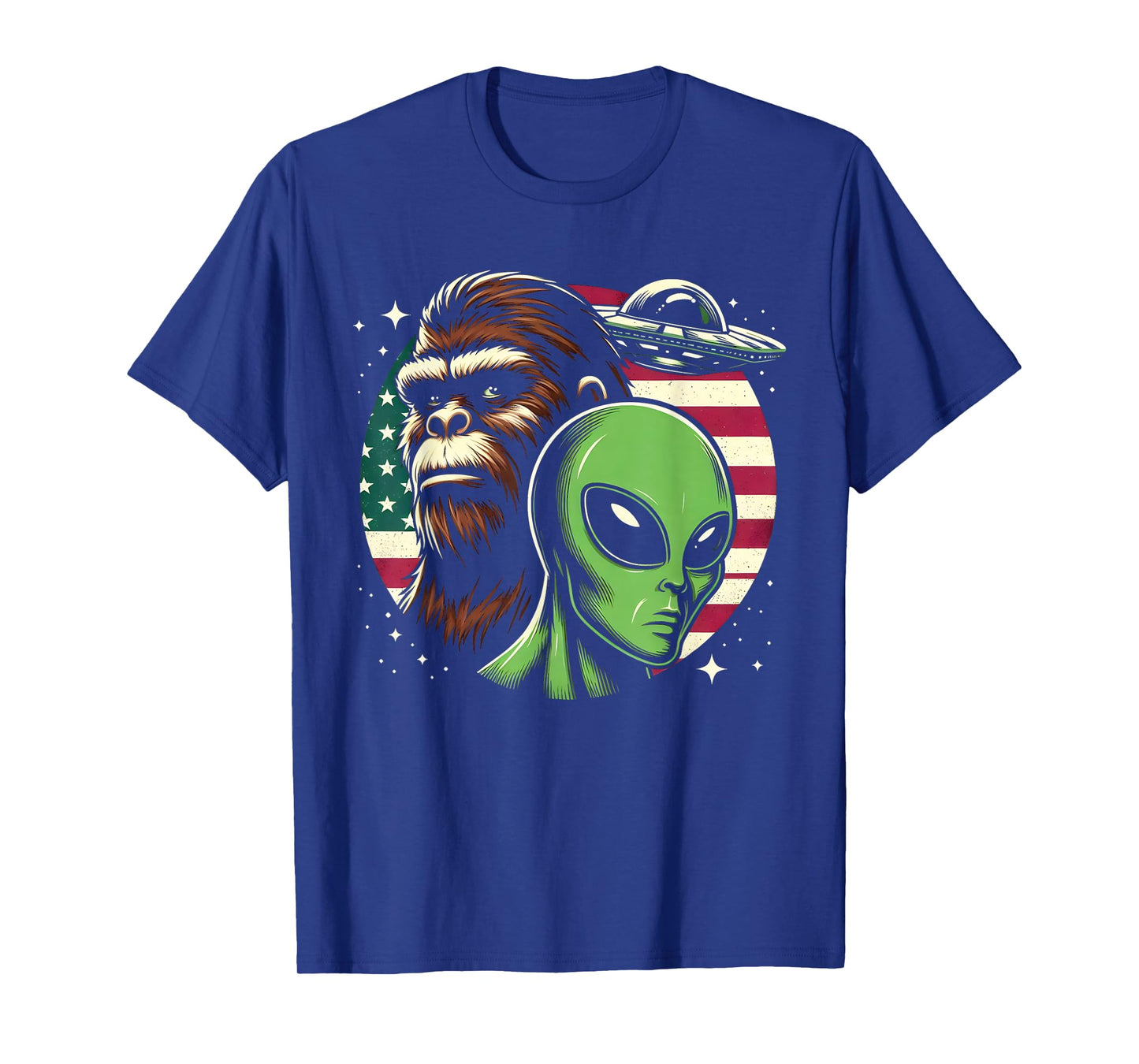 Bigfoot Sasquatch Alien UFO USA American Flag T-Shirt