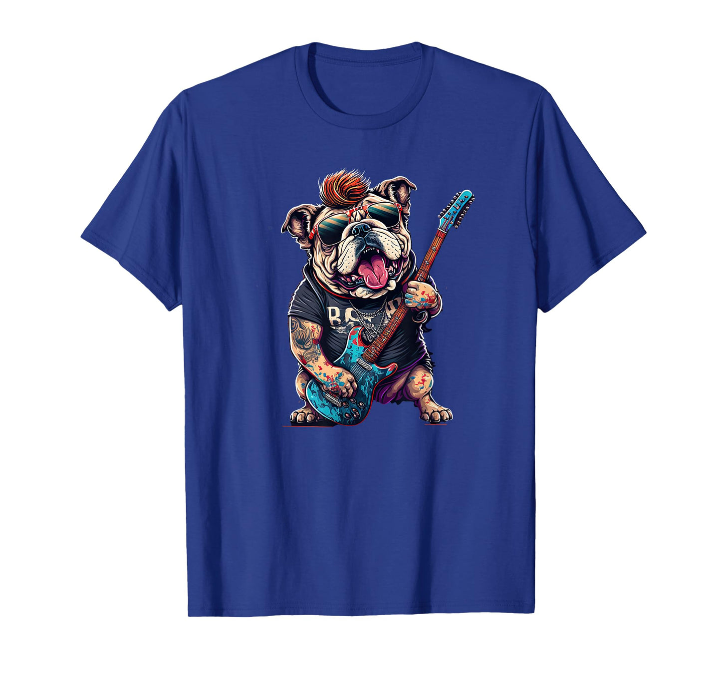 Funny Bulldog Dog Rock and Roll Rocker 80s 90s T-Shirt for Men Women Girls Kids