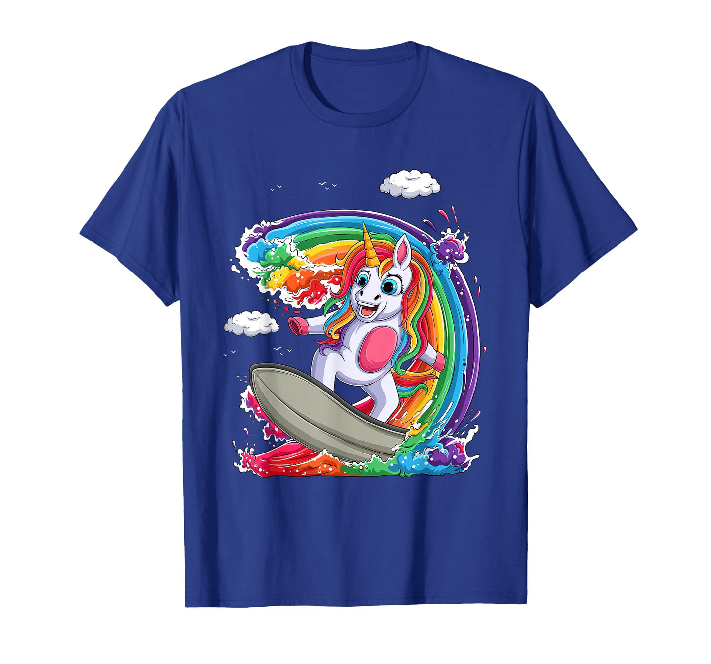 Cute Unicorn Girls Women Unicorn Surfing on Rainbow Wave T-Shirt