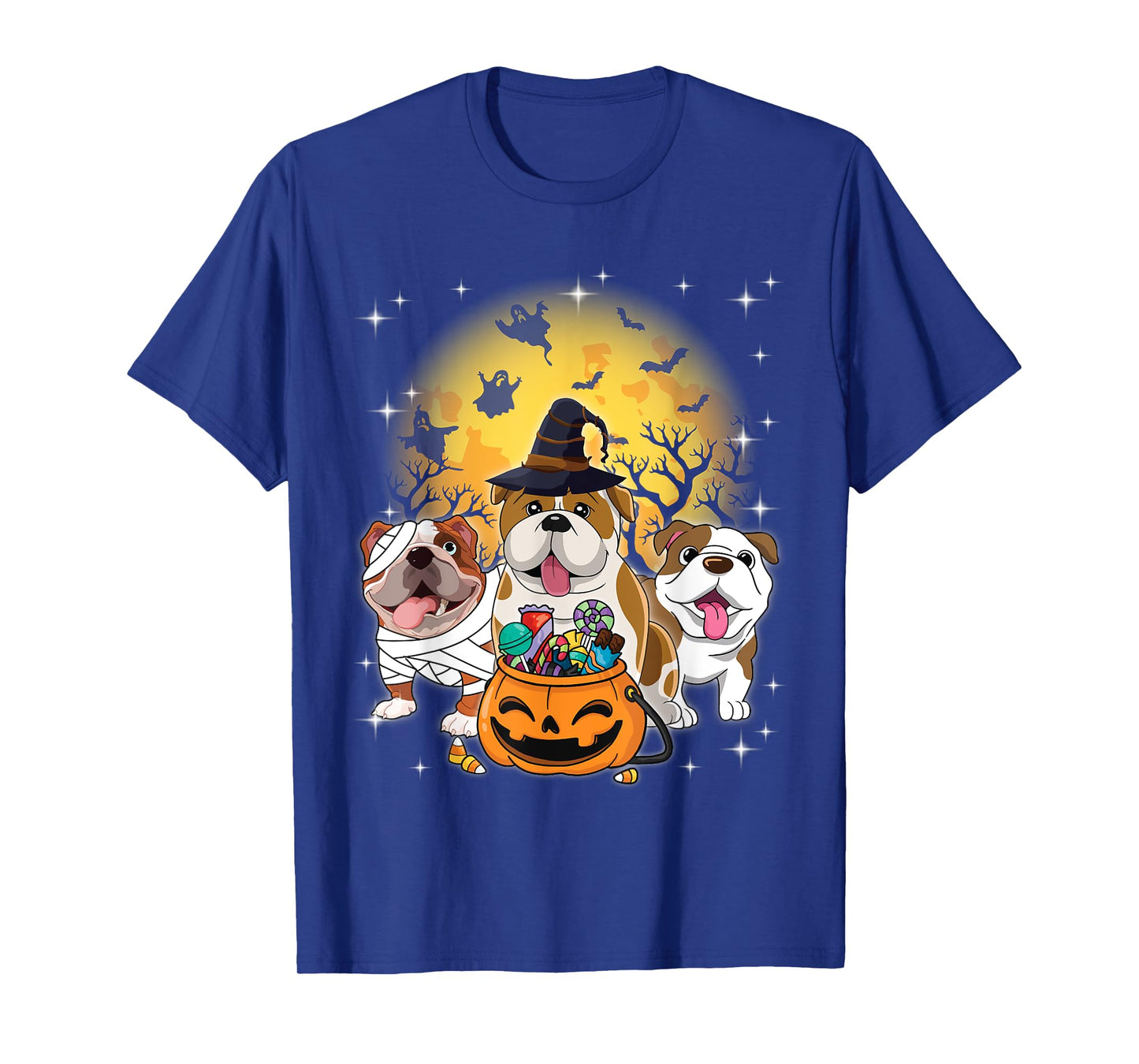 English Bulldog Mummy Witch Dog Moon Ghosts Halloween Day T-Shirt for Men Women Kids