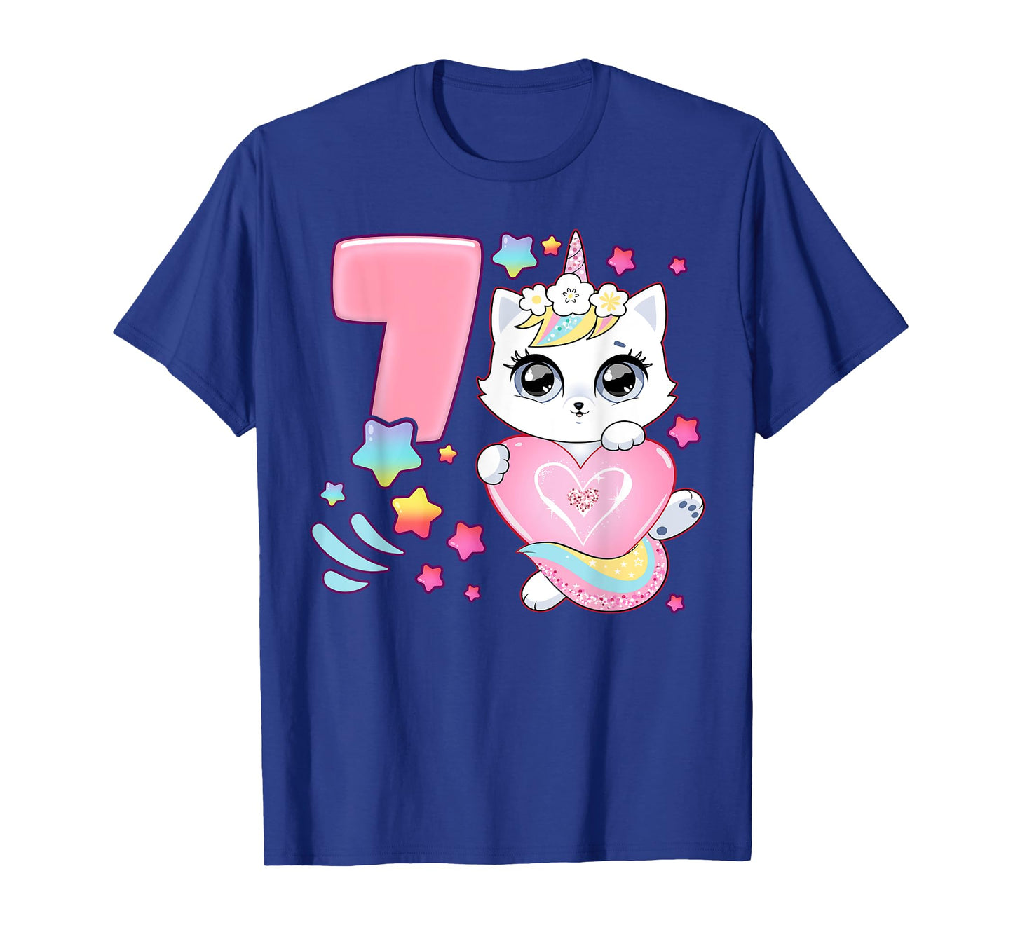 Birthday girl 7 years old, cat, unicorn, 7th birthday T-Shirt