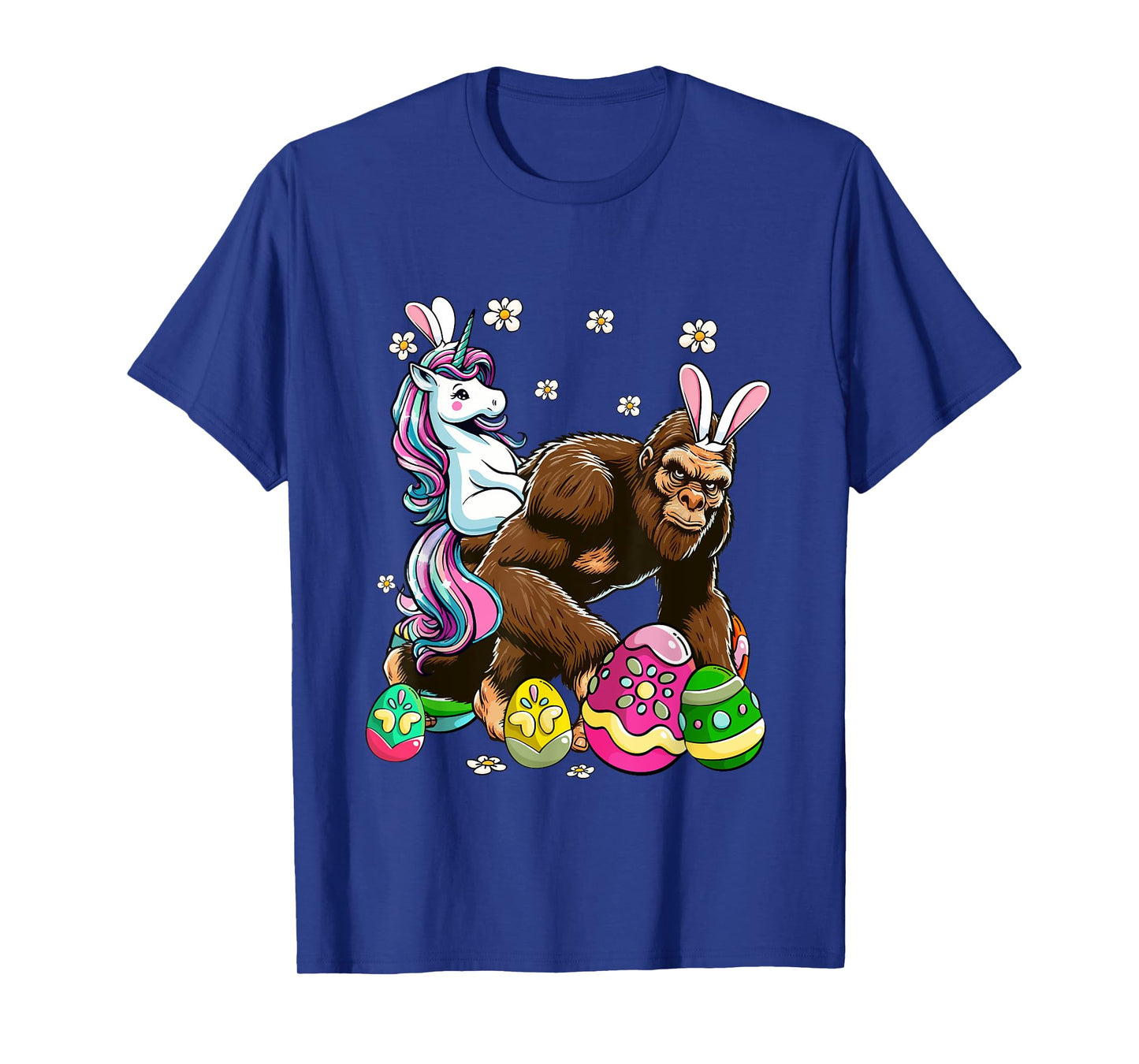 Bunny Unicorn Riding Bigfoot Flowers Easter Day Hunting Eggs T-Shirt