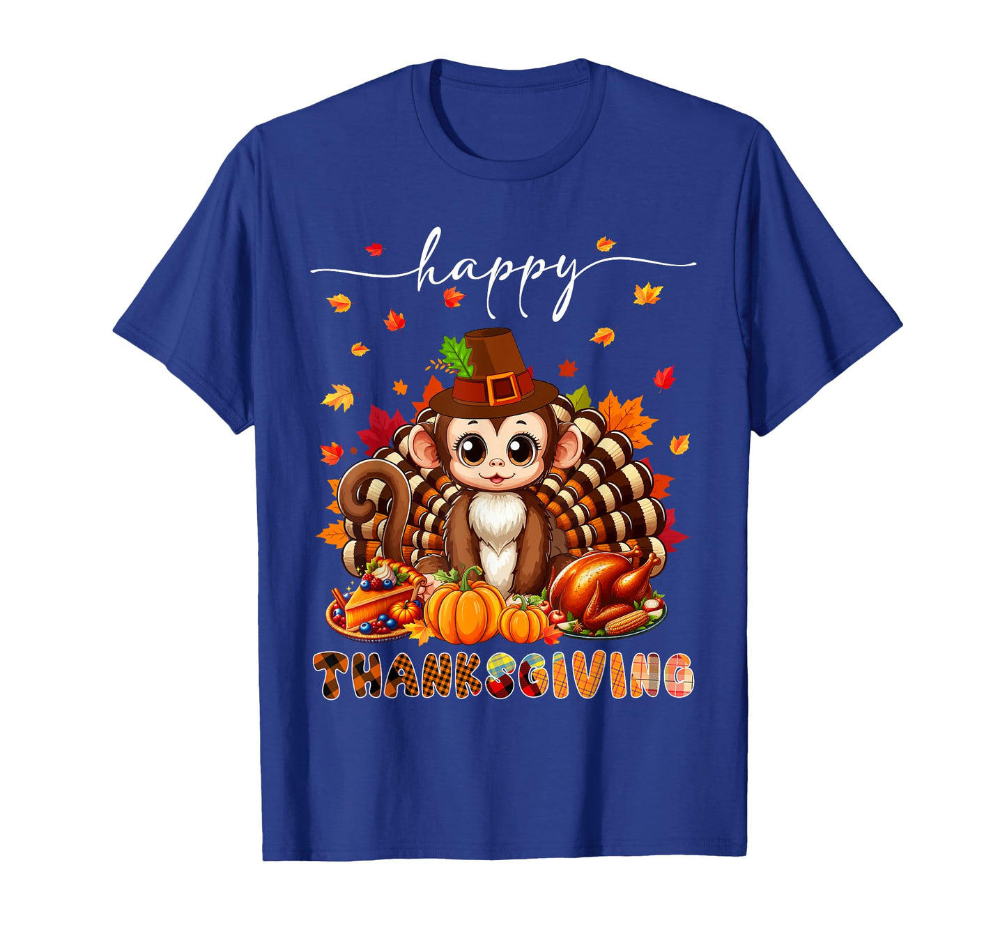 Happy Thanksgiving Monkey Costume Turkey Fall Leaves Food T-Shirt