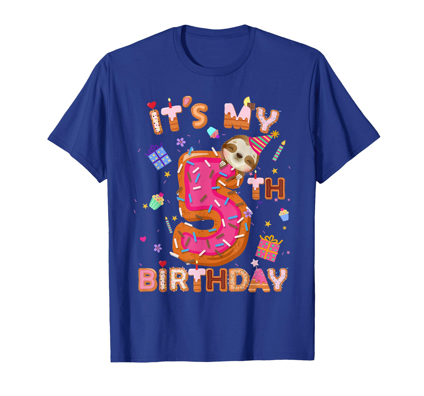 5 Year Old Gifts Boys Girls Teens Donut Sloth 5th Birthday T-Shirt