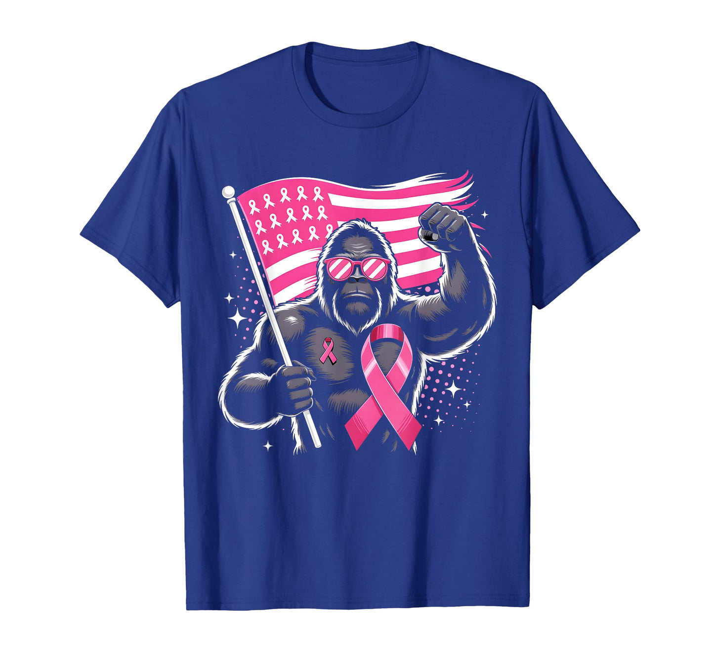 Bigfoot Pink Ribbon USA Flag Breast Cancer Awareness T-Shirt