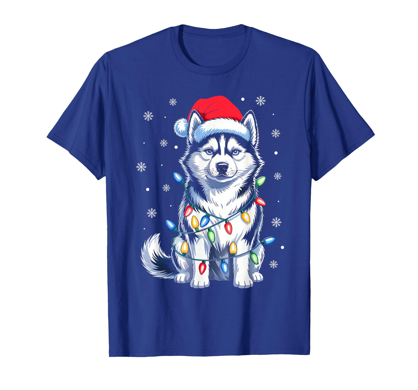 Husky Dog Christmas Lights Santa Hat Family Xmas Pajamas T-Shirt