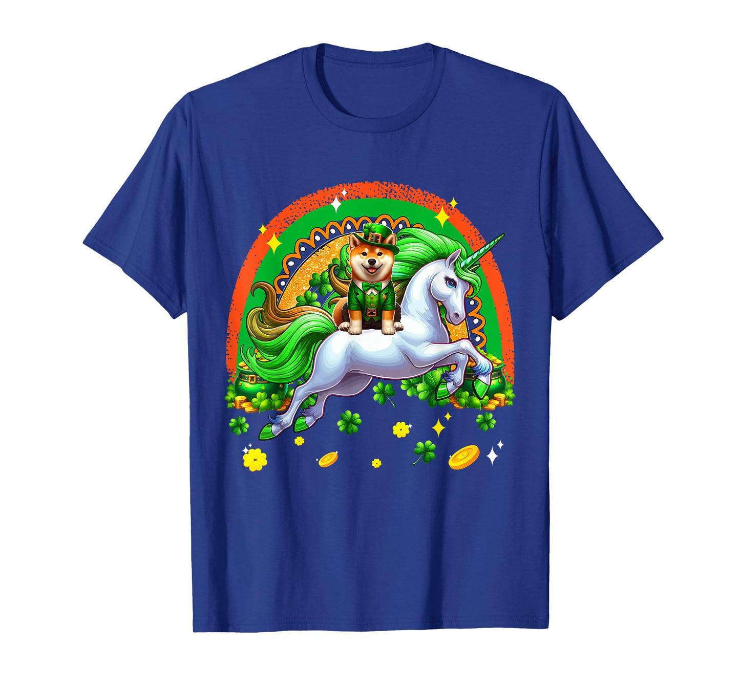 Patrick's Day Shiba Inu Riding Unicorn Shamrocks Rainbow T-Shirt