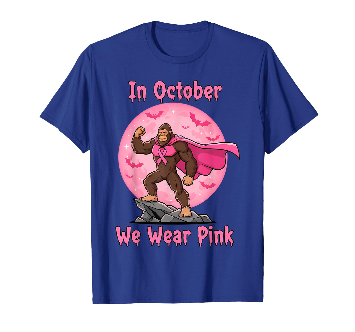 in October We Wear Pink Bigfoot Halloween Breast Cancer T-Shirt