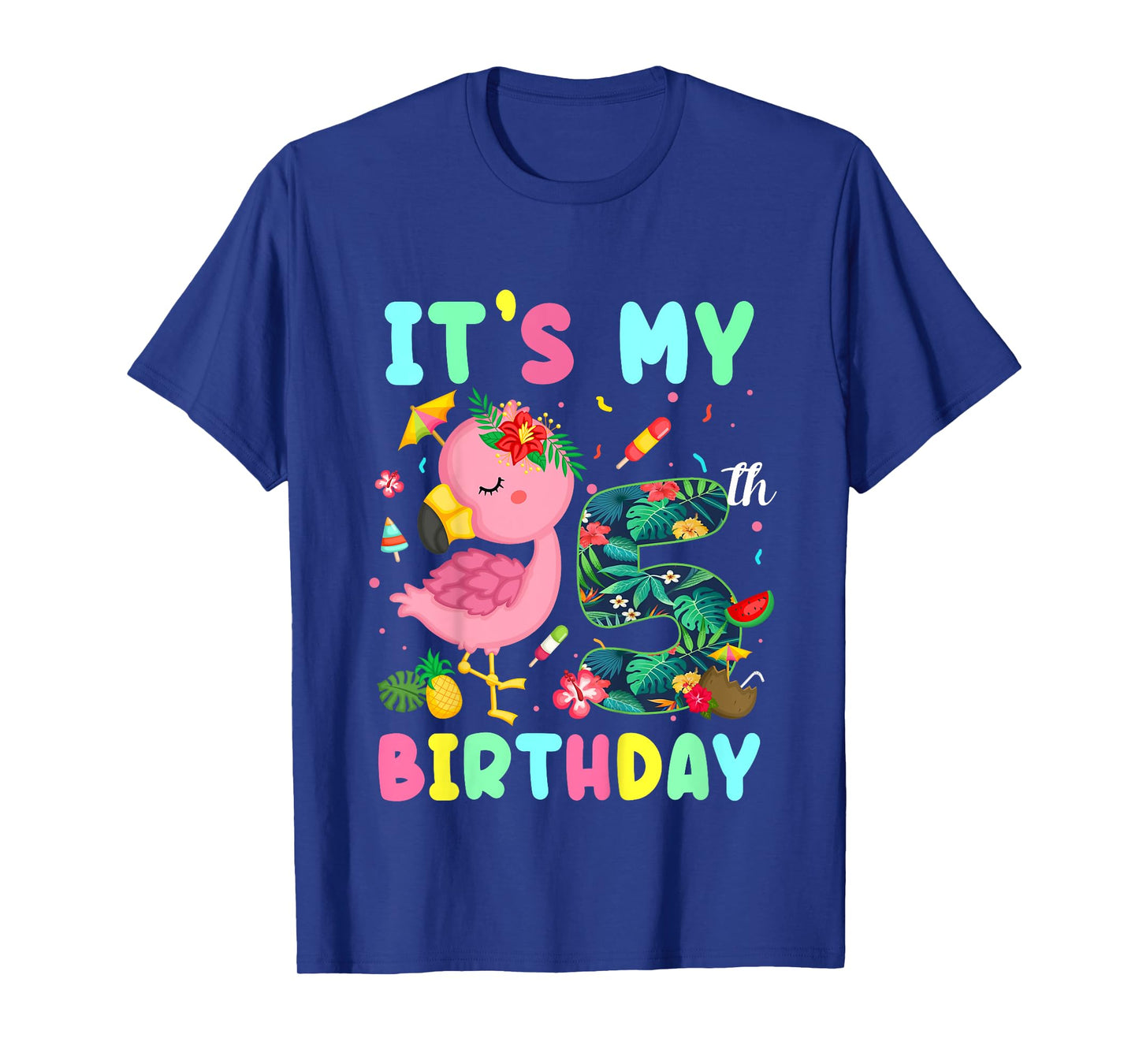 Kids It's My 5th Birthday Flamingo Shirt Hawaii 5 Yrs Old Girl T-Shirt