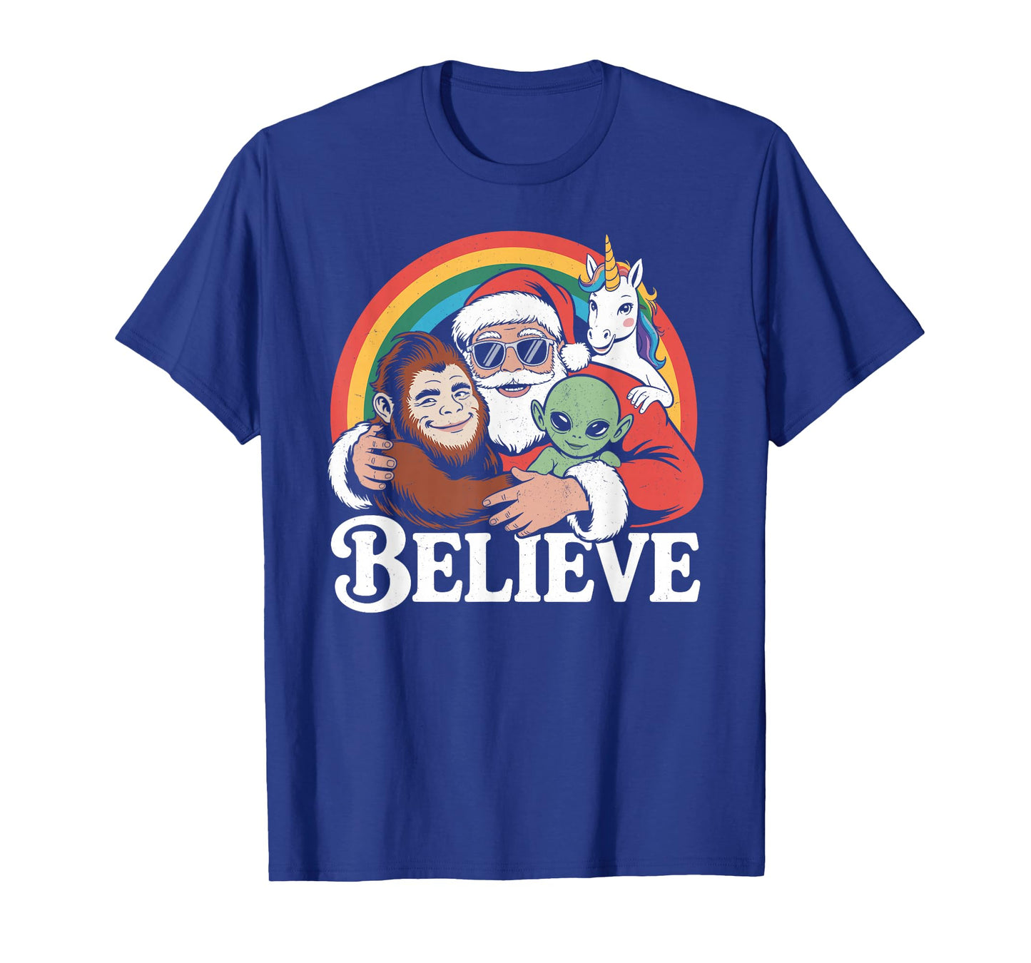 Believe Santa Bigfoot Alien Unicorn Funny Christmas T-Shirt