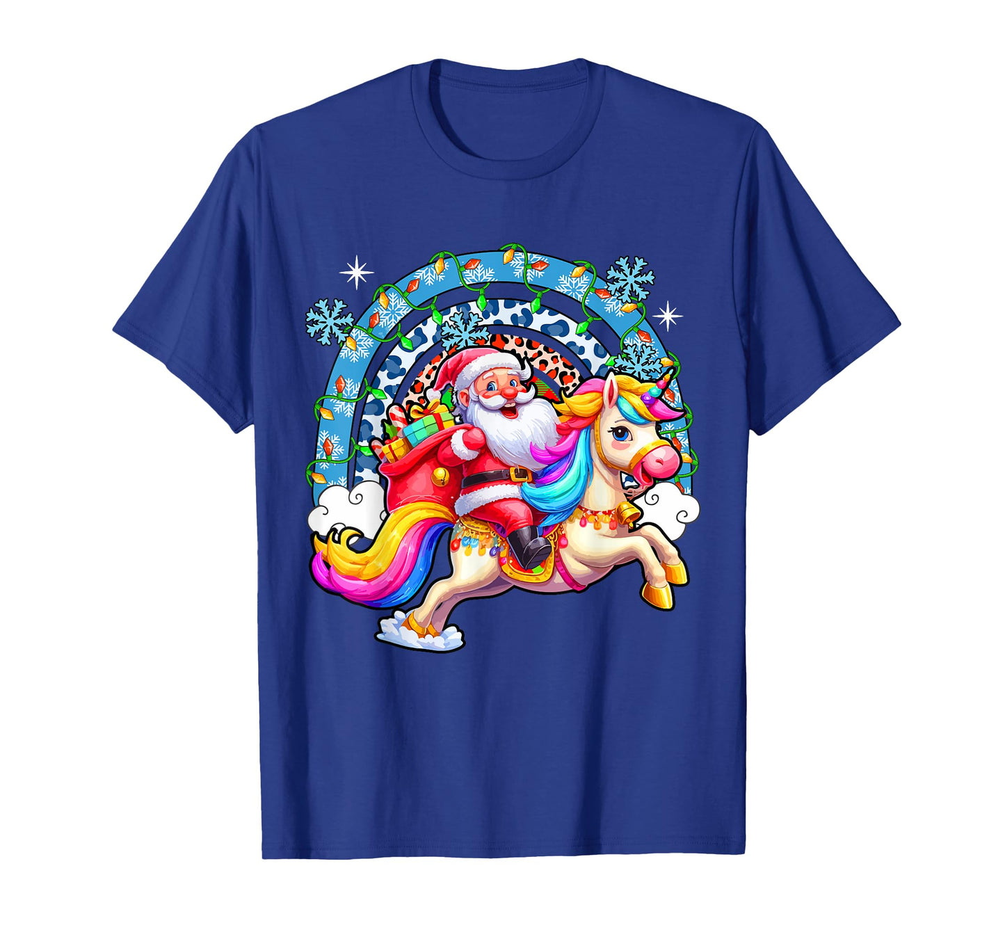 Santa Riding Colourful Unicorn Christmas Rainbow Xmas Lights T-Shirt