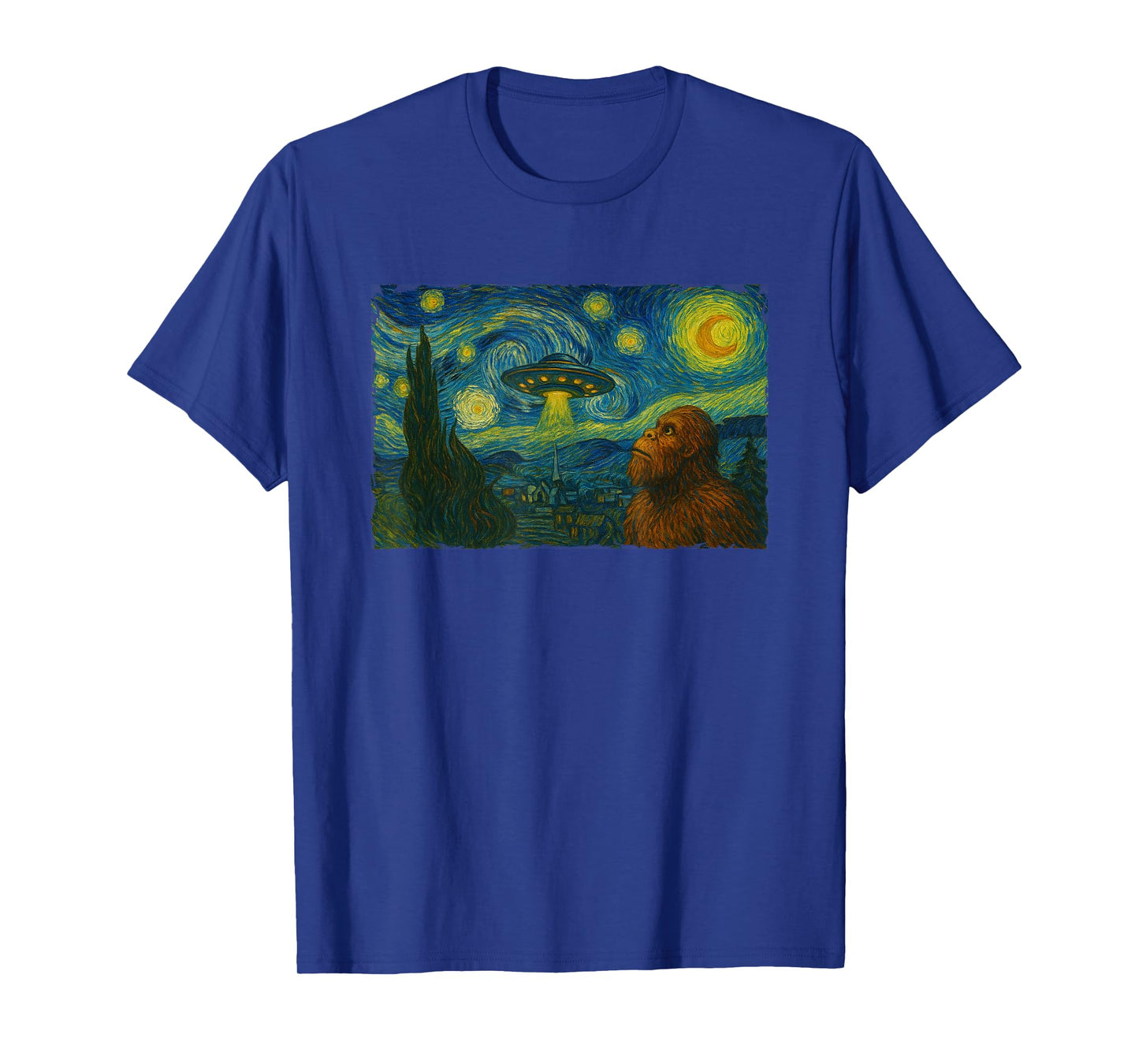 Starry Night UFO Bigfoot Funny Sci-Fi Van Gogh Painting T-Shirt