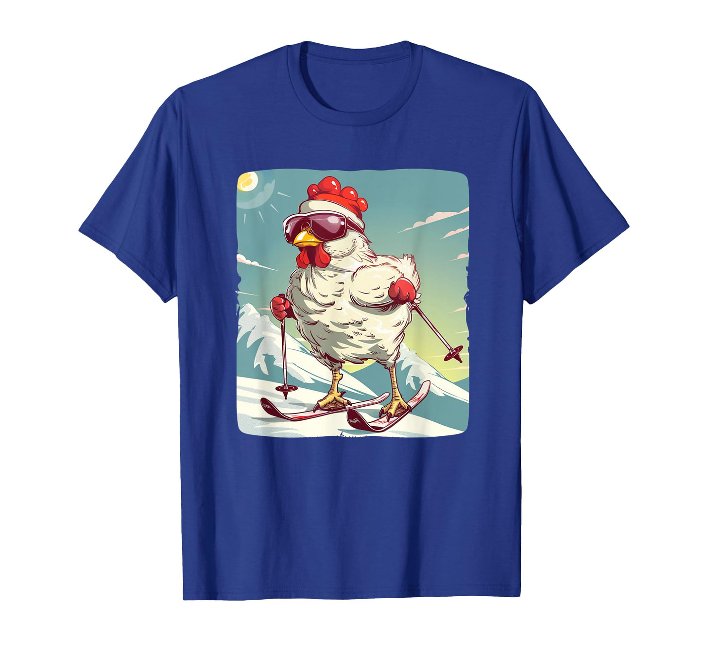 Funny Winter Chicken with Cross-country skiing Shoes Outfit T-Shirt