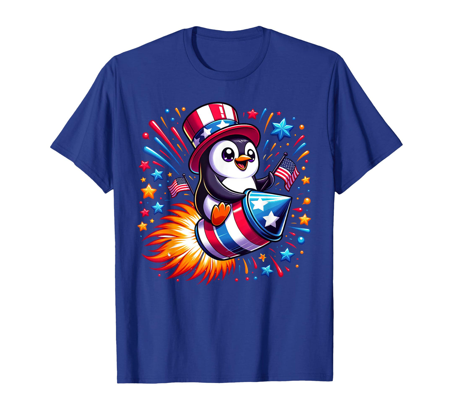 Cute Penguin 4th July Fireworks American USA Flag Boys Girls T-Shirt
