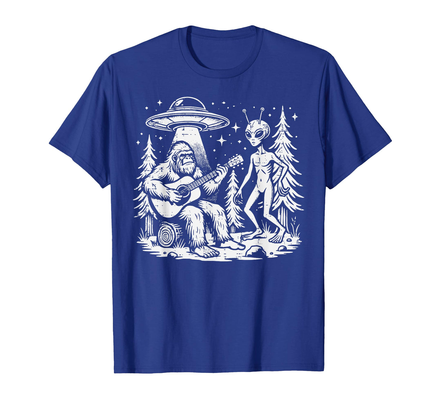 Sasquatch Guitar Alien Ufo Camping Bigfoot Women Men Kids T-Shirt