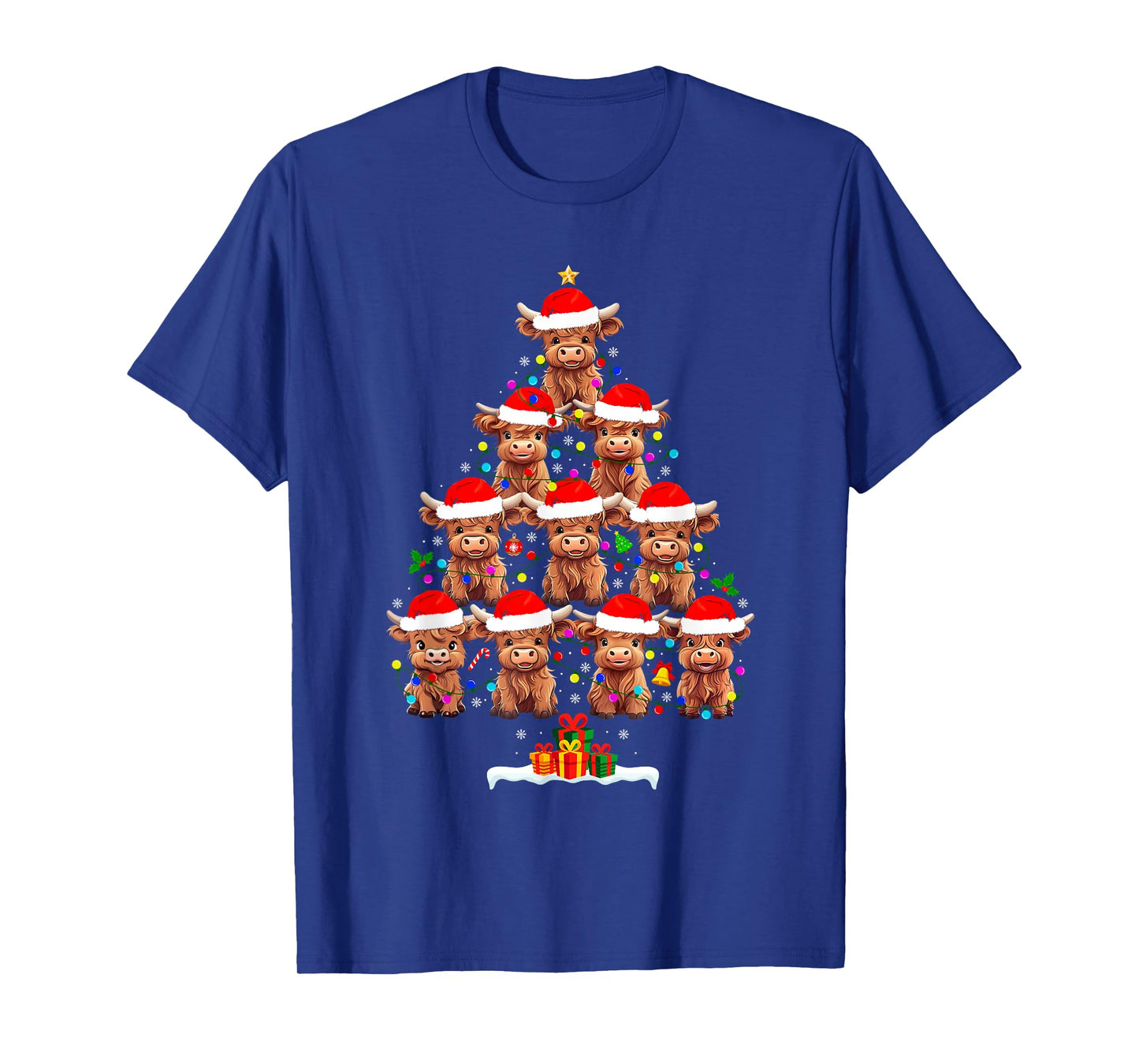 Scottish Highland Cow Christmas Tree Lights Xmas Pajamas T-Shirt