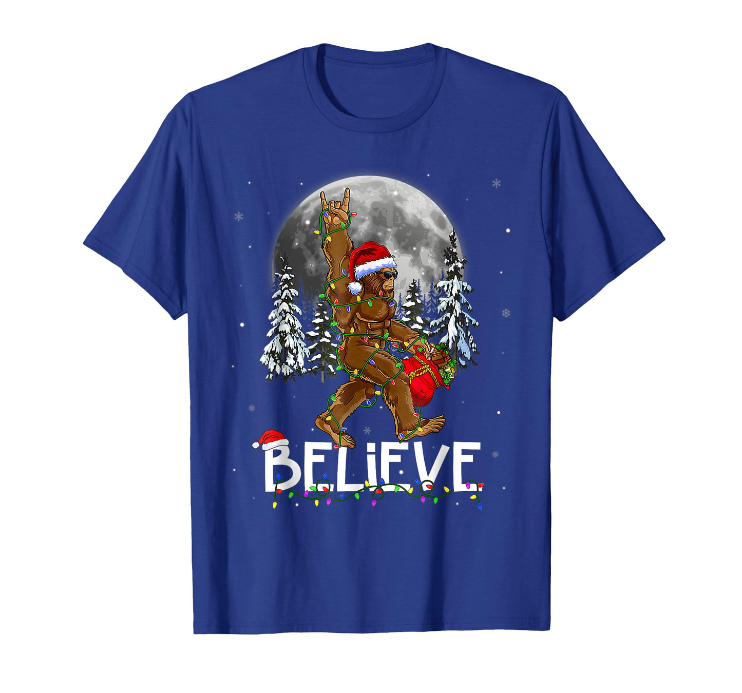 Santa Bigfoot Christmas Lights Funny Sasquatch Believe Xmas T-Shirt