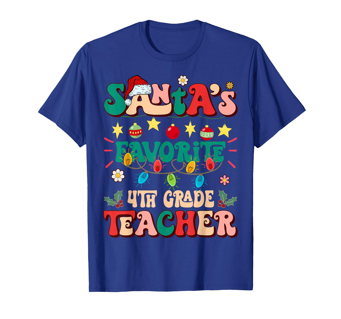 Retro Groovy Santa's Favorite 4th Grade Teacher Christmas T-Shirt