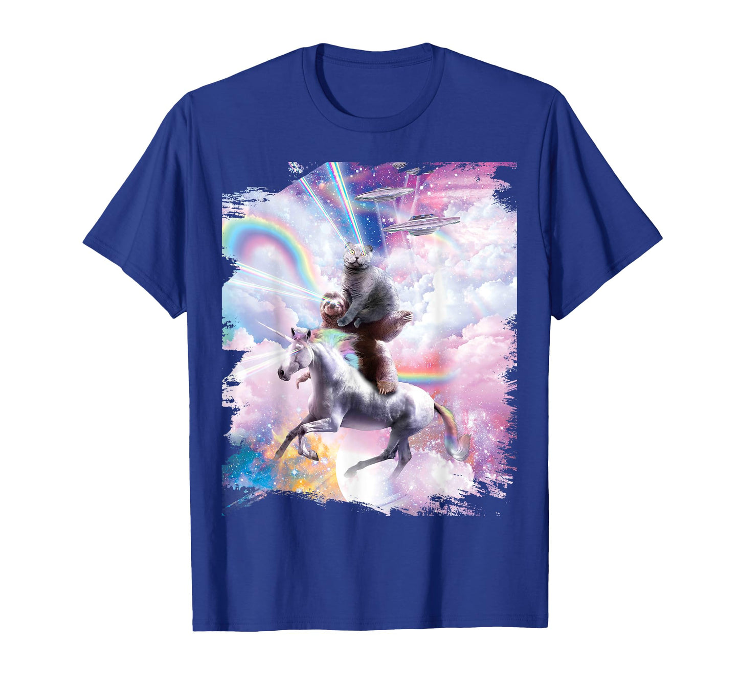 Laser Eyes Space Cat on Sloth Unicorn - Rainbow T-Shirt