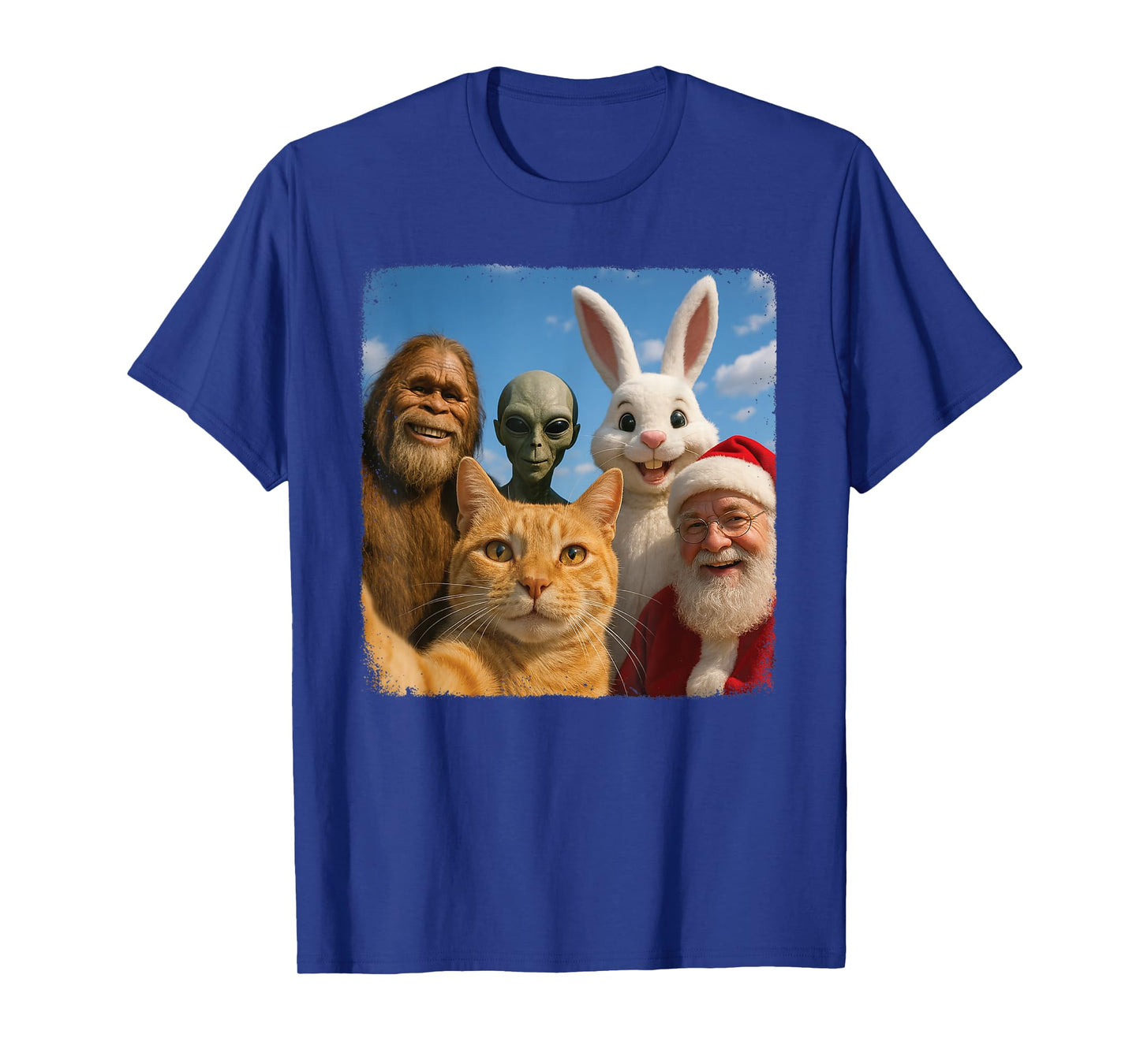 Cat Bigfoot Easter Bunny Alien Santa Selfie BFF Funny Photo T-Shirt for Men Women Kids