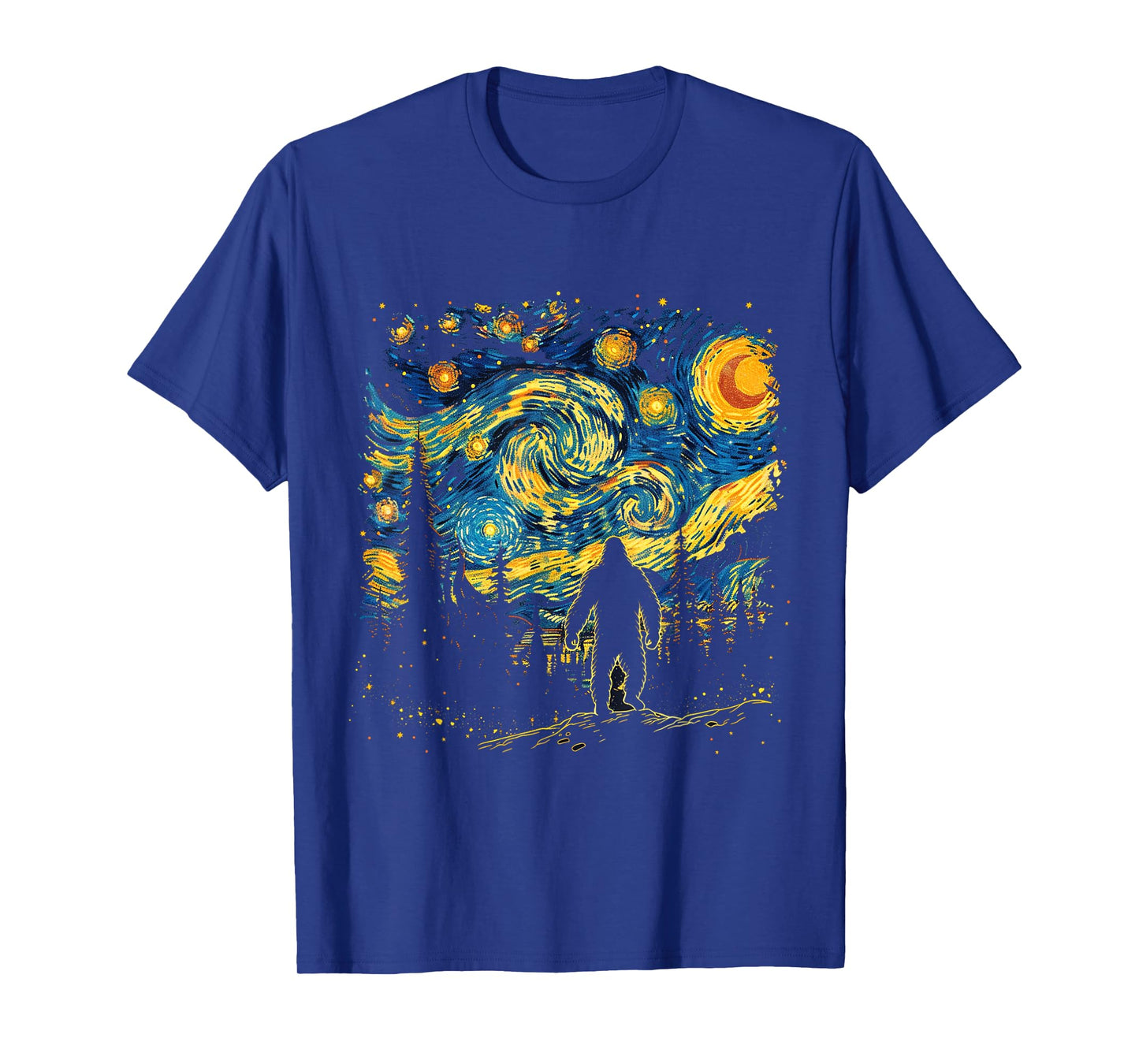 Funny Bigfoot Starry Night Sasquatch Van Gogh Sky Painting T-Shirt