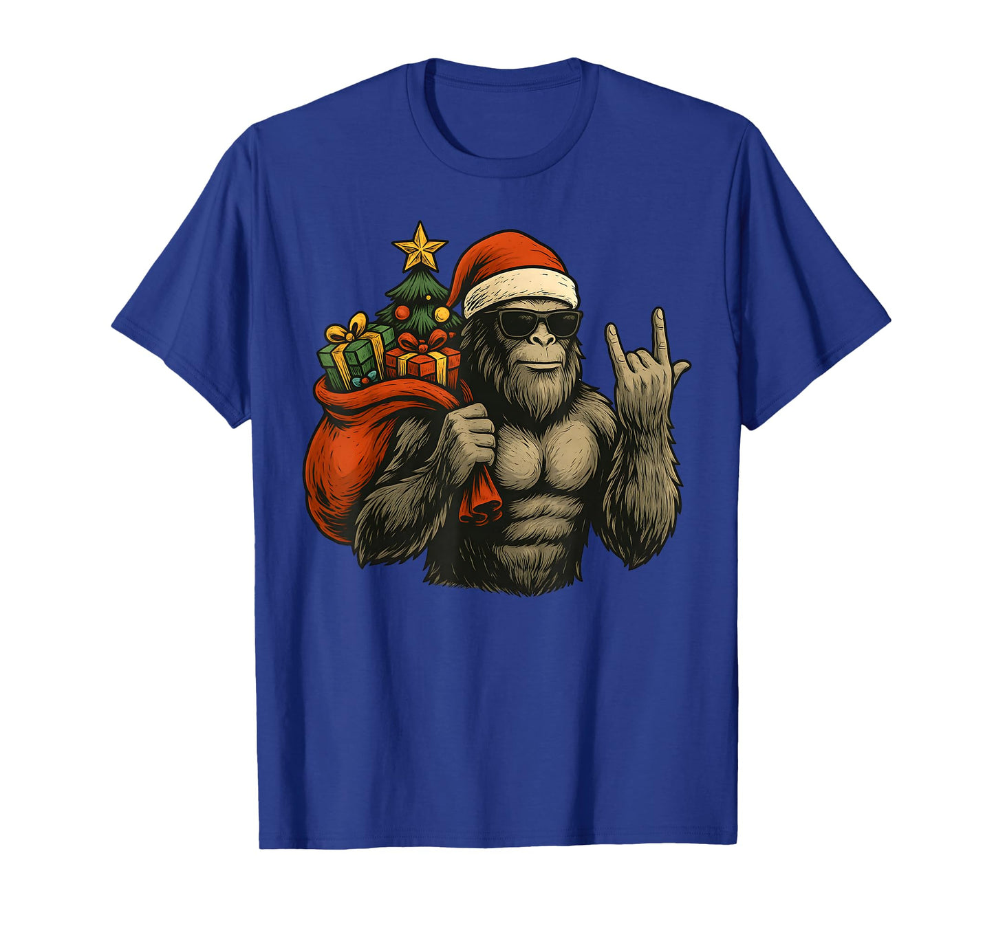 Bigfoot Santa Christmas Tree Rock On Funny Xmas Sasquatch T-Shirt