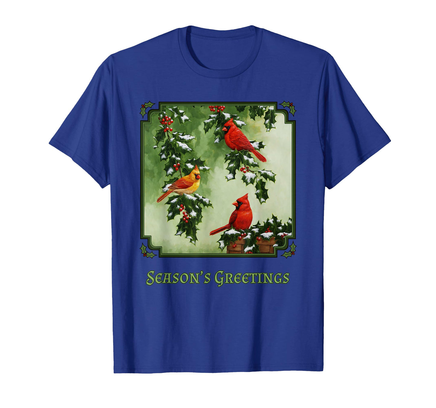 Red Cardinal Birds Christmas Holly Berries Leaves Snow T-Shirt