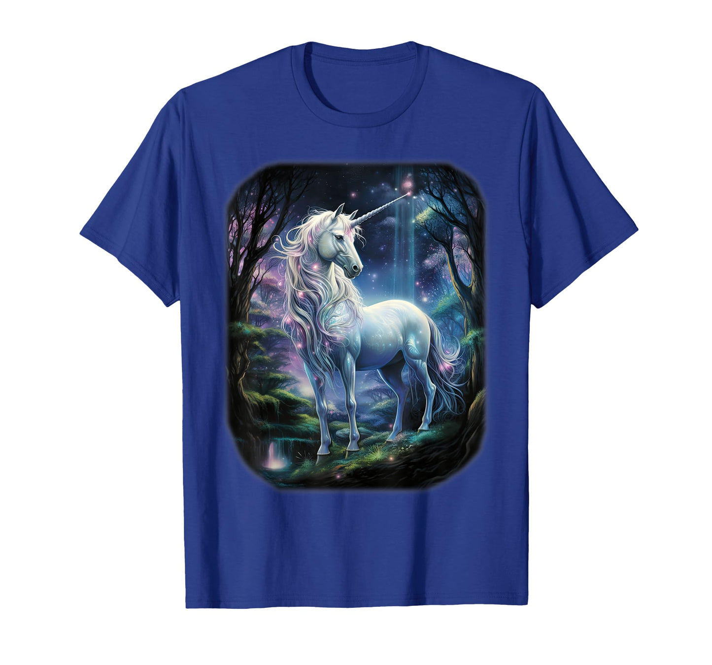 Fantasy white Unicorn standing in forest universe. T-Shirt