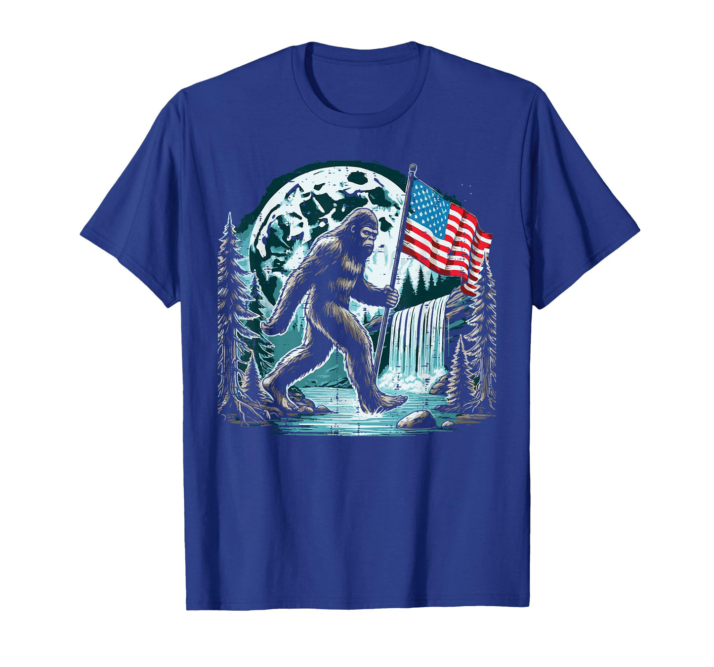Bigfoot Sasquatch USA Flag Moon Patriotic Men Women Kids T-Shirt
