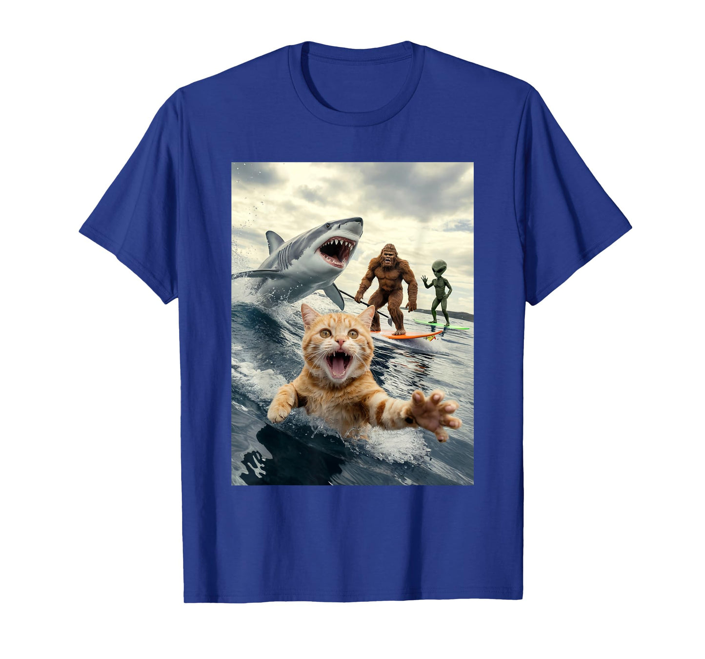 Funny Cat Surfing Bigfoot Alien Shark Men Women T-Shirt