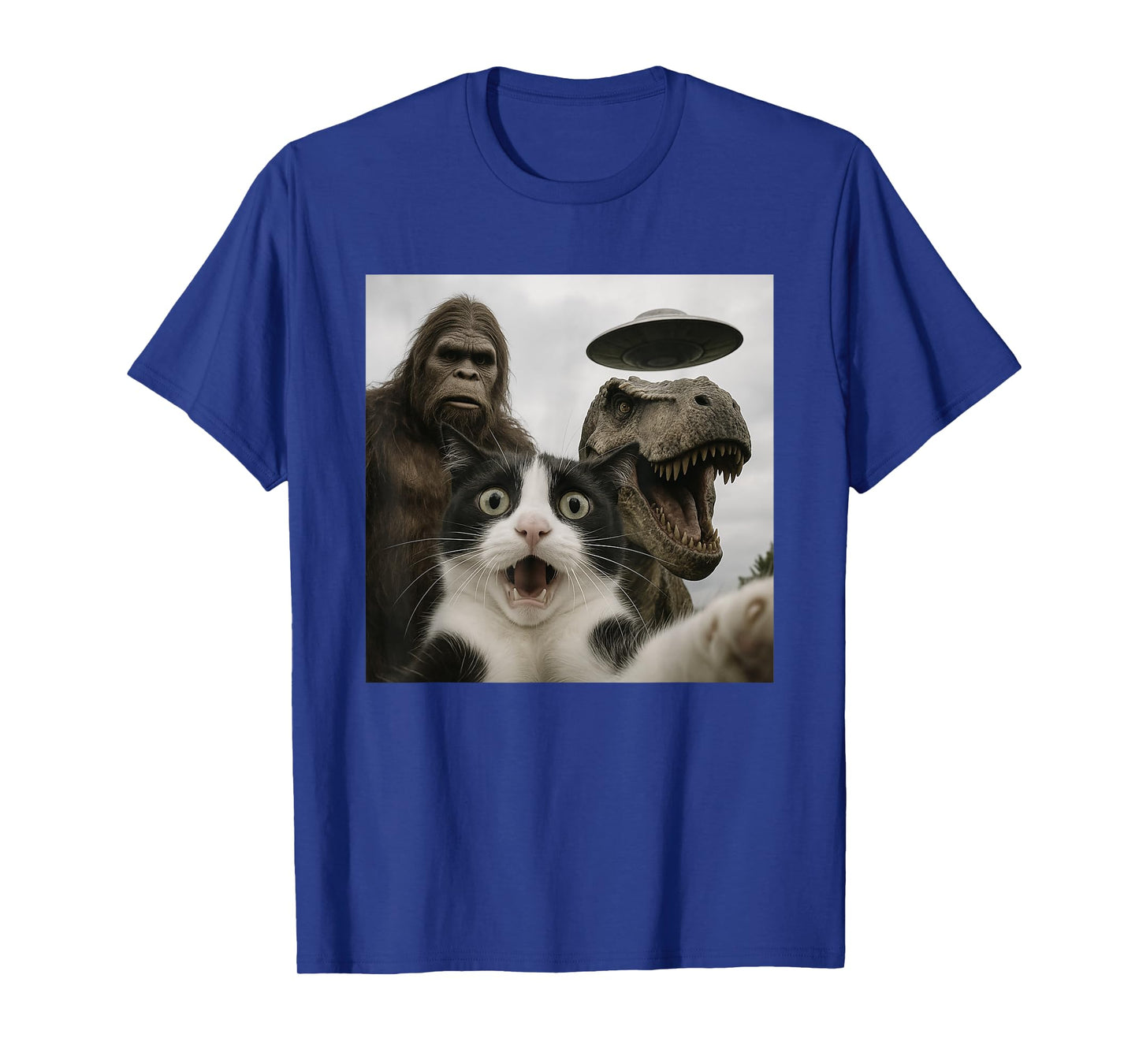 Funny Cat Selfie with Bigfoot Dinosaur UFO for Men Women T-Shirt
