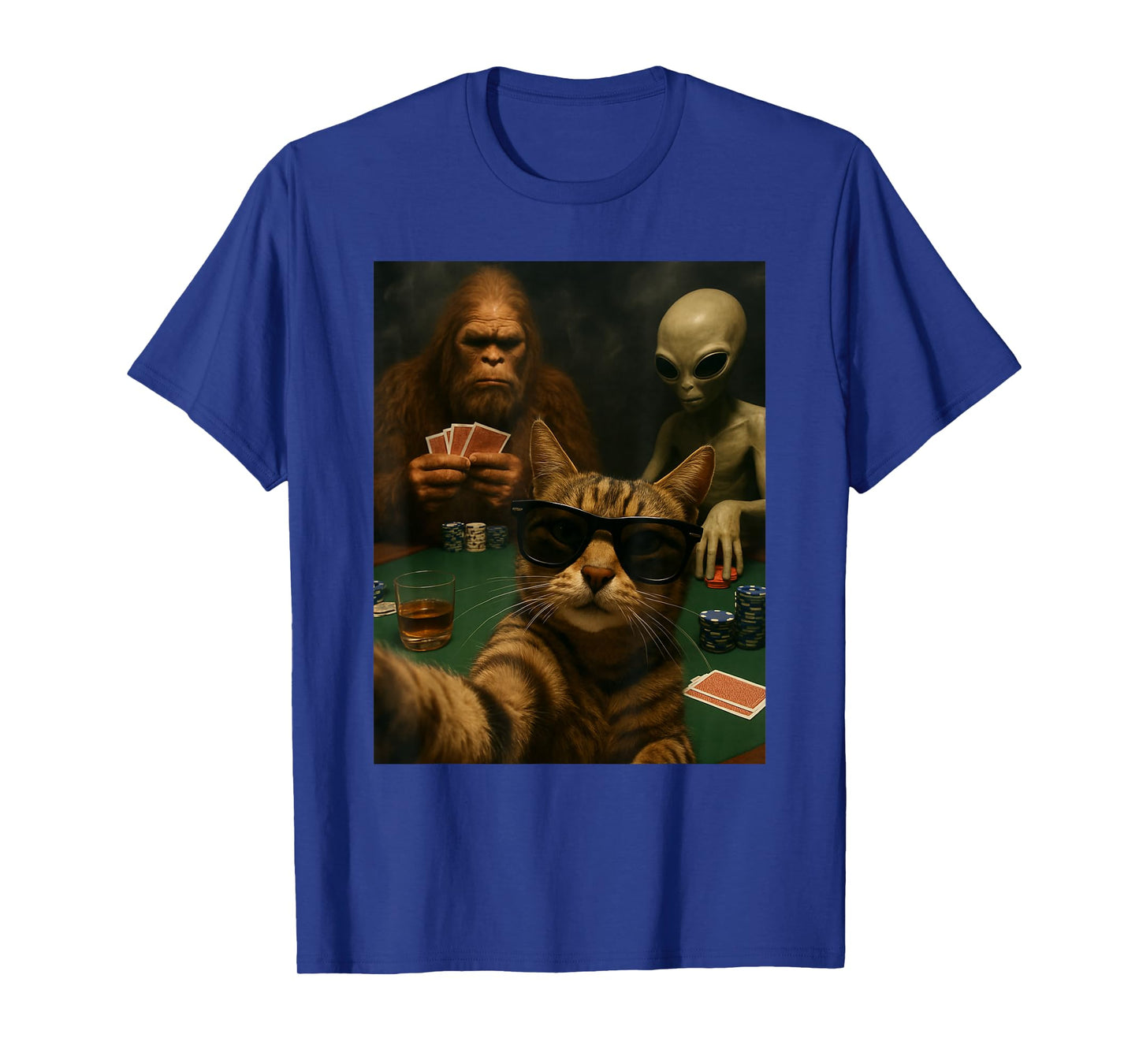 Cat Poker Selfie Bigfoot & Alien Playing Cards Funny T-Shirt