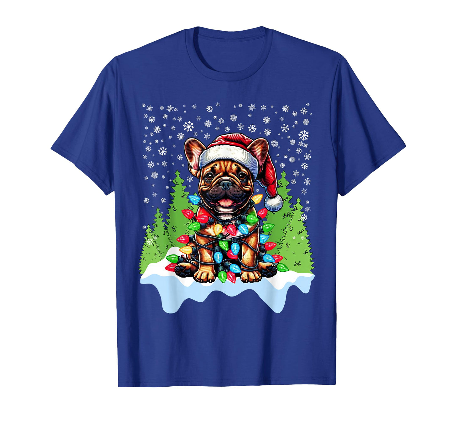 French Bulldog Christmas Santa Hat Lights Tree Snowflakes T-Shirt