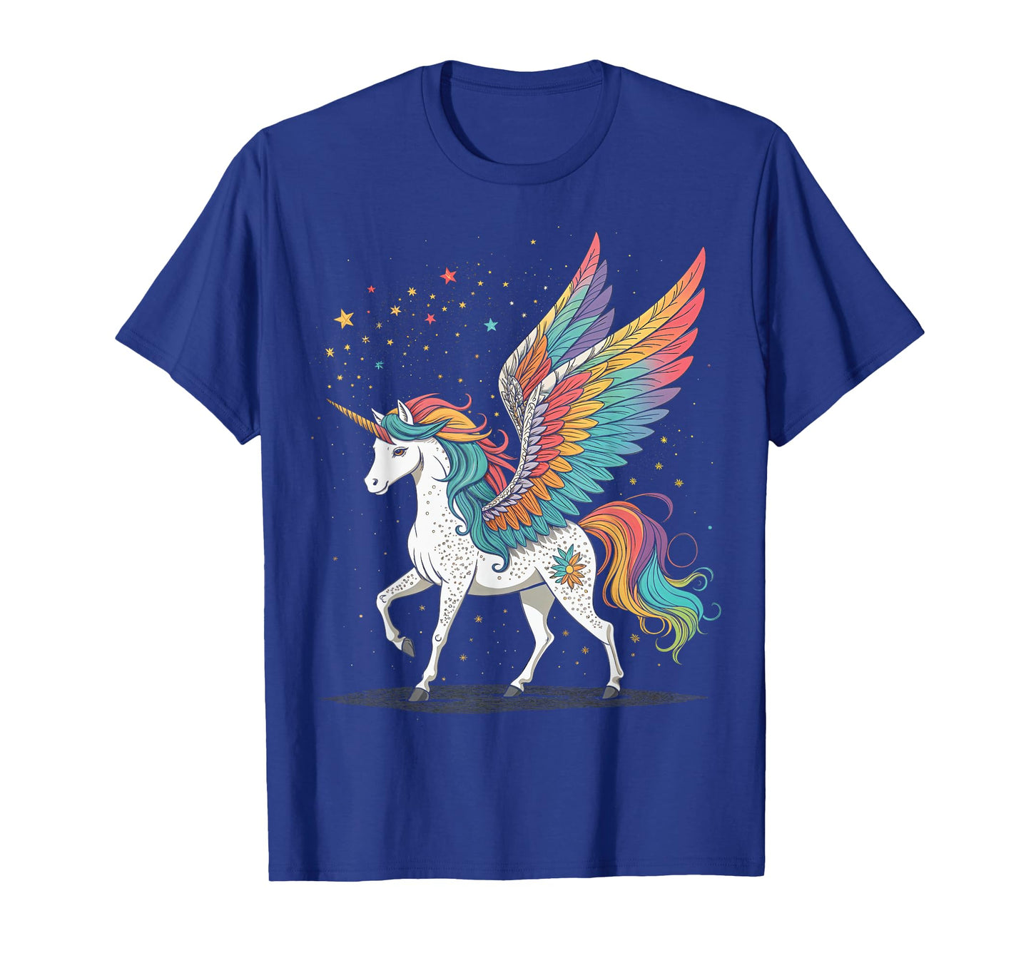 Magical Rainbow Unicorn with Wings Black Background Art T-Shirt